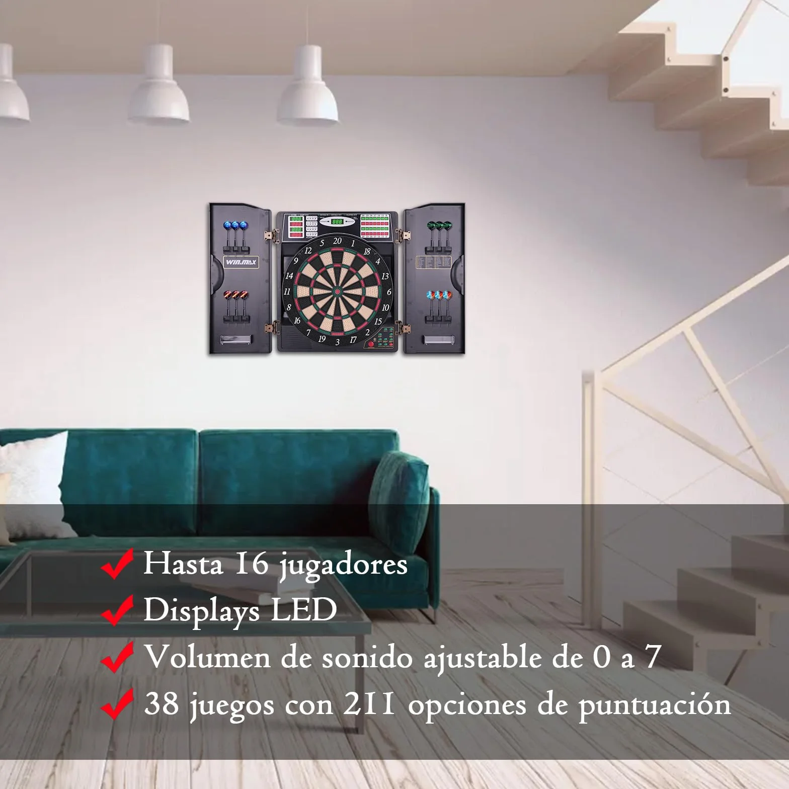 WIN.MAX Diana electrónica profesional 65 variantes 1-8 jugadores 12 dardos Pro 100 accesorios