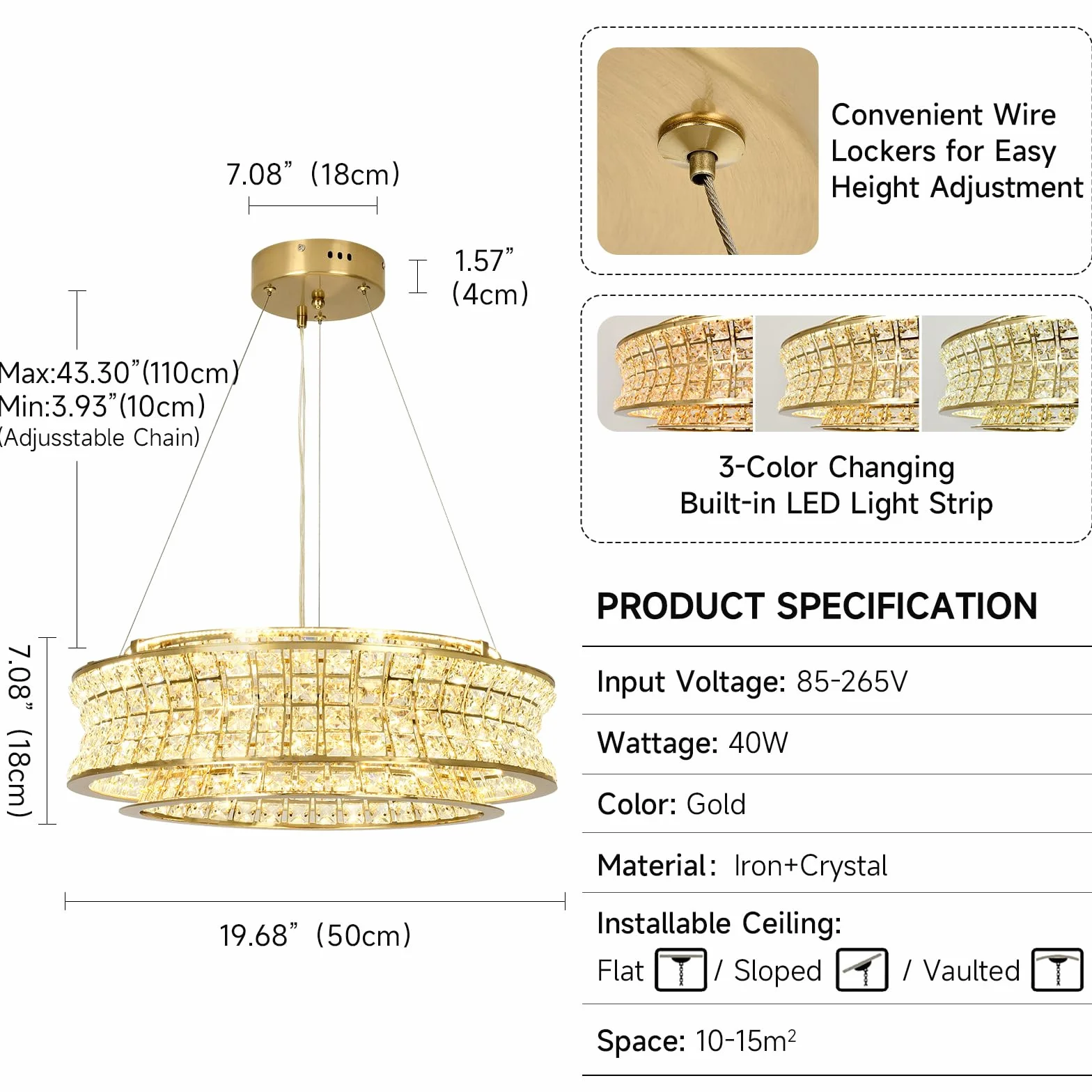 Lámpara de araña moderna de cristal dorado LED 50 cm ajustable para vestíbulos