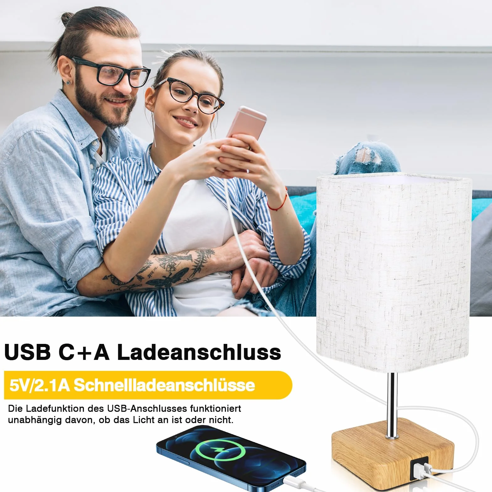 Lámpara Mesita Noche Táctil Regulable con Puertos de Carga USB A y C, 3 Niveles de Brillo, para Dormitorio, Sala, Oficina