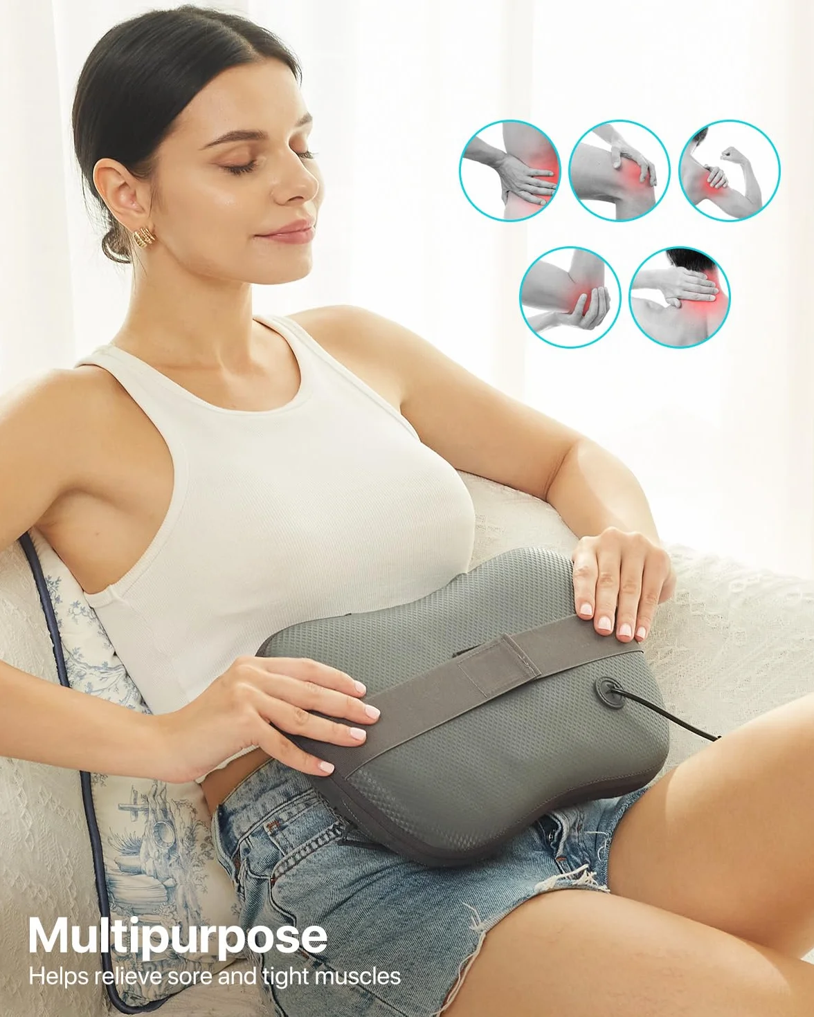 ALLJOY Cojín de Masaje Inalámbrico Shiatsu con Calor, Masajeador Cervical y Espalda, 3 Niveles 4 Nodos