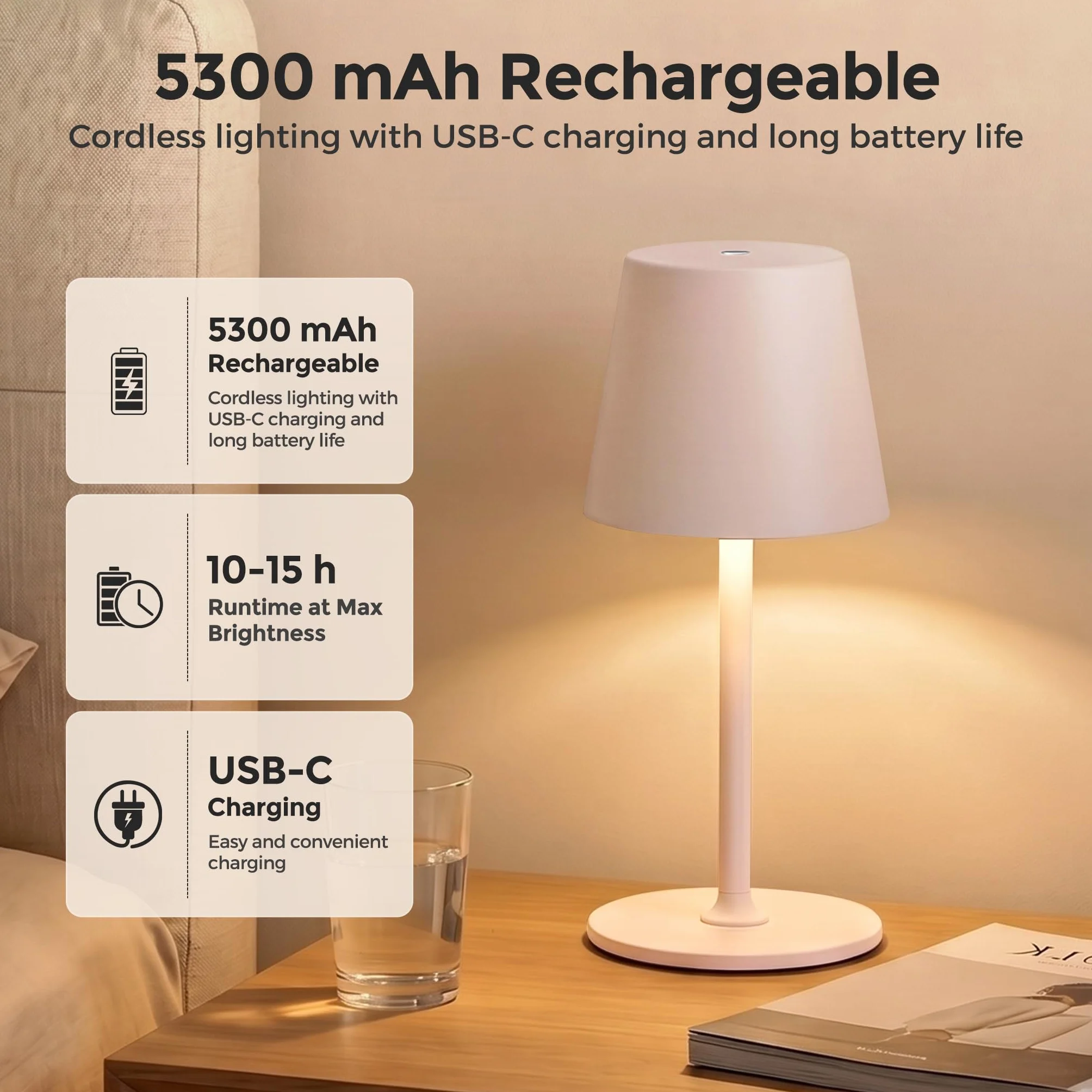 Lámpara de Mesa LED Inalámbrica Recargable IP54 5300 mAh 3 Temperaturas de Color Regulación Continua Cuerpo Metálico