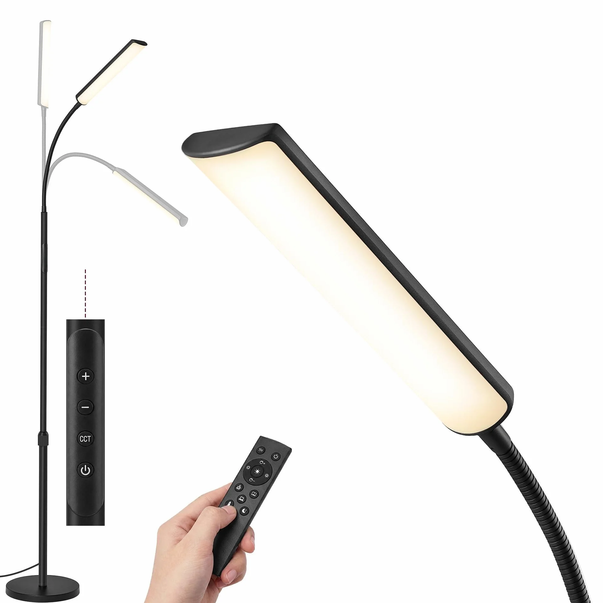 VASAGLE Lámpara de Pie Ajustable 141-175 cm 15 W 360° Flexible Temporizador Control Remoto Negro Mate