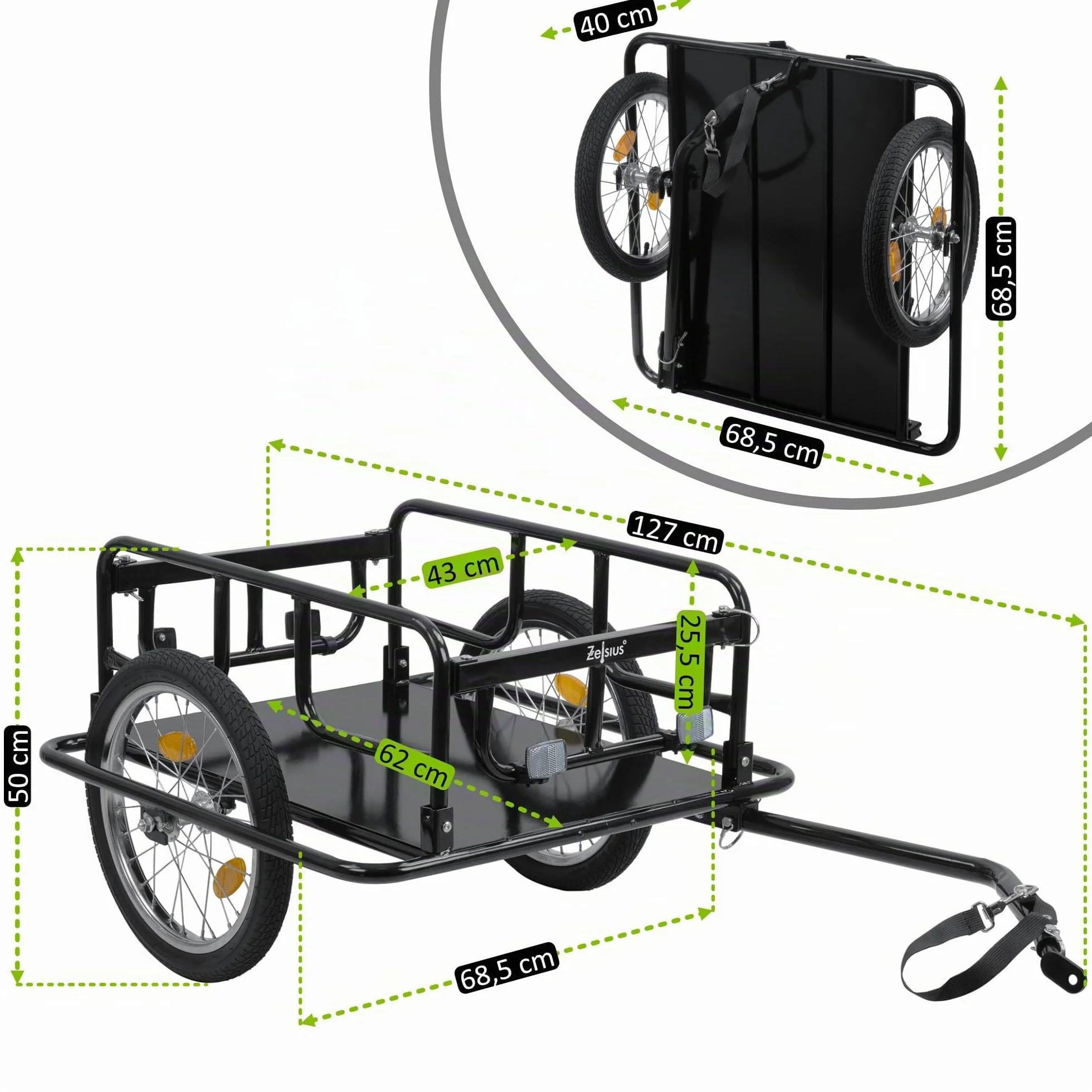 Zelsius Remolque Bicicleta Transporte 68 litros | Carro Plegable para 2 Cajas Bebidas | Carro Transporte | Remolque para Bici con Acoplamiento | Carro Carga