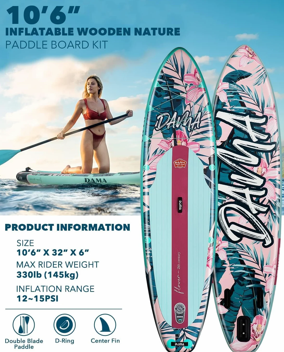 DAMA Light Flower Tabla de Paddle Surf Hinchable, Sup Paddle Board Inflable 320 x 81 x 15 cm, Antideslizante, hasta 145 kg, Remo Doble, Bomba, Mochila, Correa de Seguridad y Bolsa Estanca 5 L