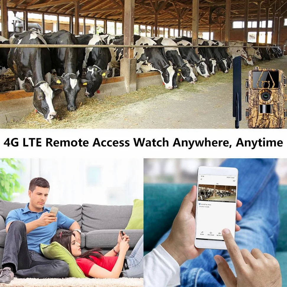 Cámara de Caza 4G LTE con App y Tarjeta SIM, 8K 60MP Camara Fototrampeo, Camara Caza Nocturna con IR Invisible, Sensor 0.2s de Tiempo Activación, IP66 Prueba de Agua para Monitoreo de Vida Silvestre