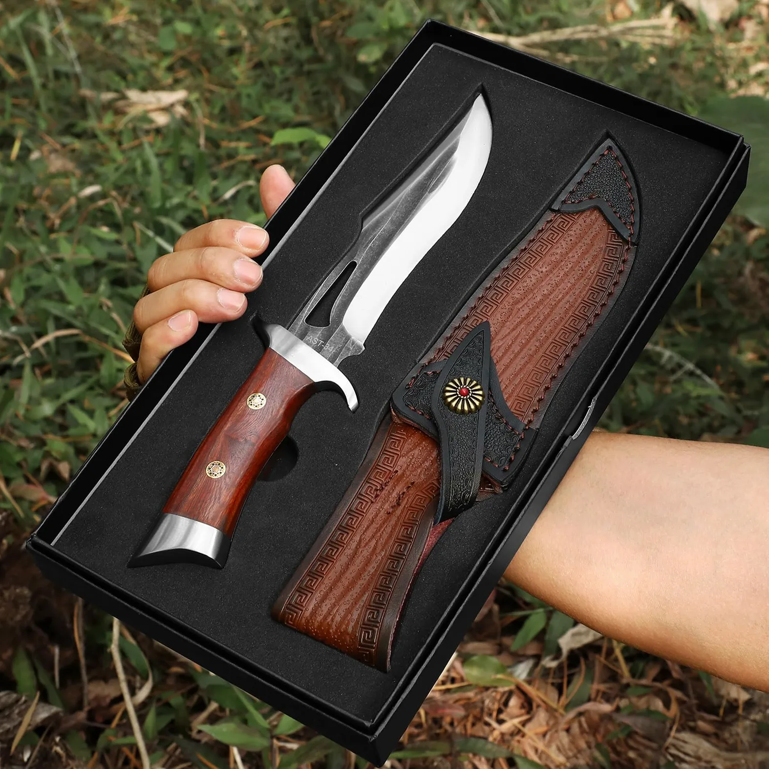 Omesio Cuchillo de Hoja Fija con Funda, 11.22'' Full Tang Cuchillos de Caza de Supervivencia para Hombres