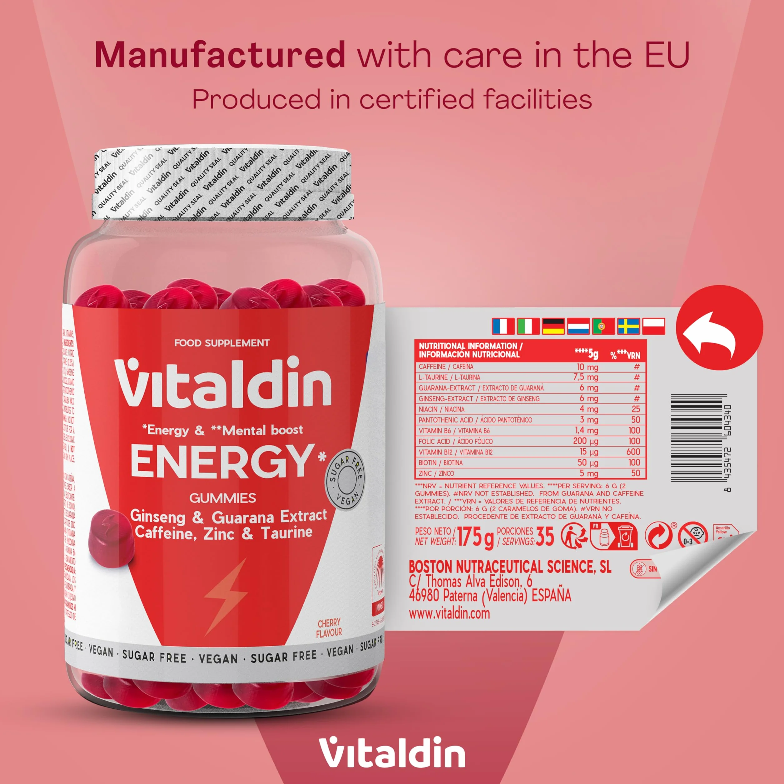 VITALDIN Energy Gummies Veganas Sin Azúcares Añadidos con Ginseng Guaraná Cafeína Taurina Vitaminas B 70 gomas