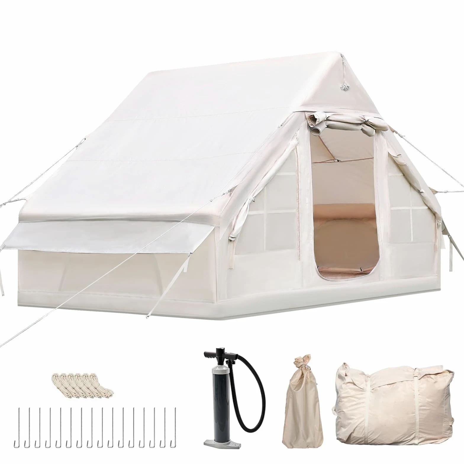 Tienda de campaña inflable con apertura de chimenea y claraboya, tienda de campaña para exteriores para 2-8 personas con bomba de aire, tela Oxford impermeable para 4 estaciones