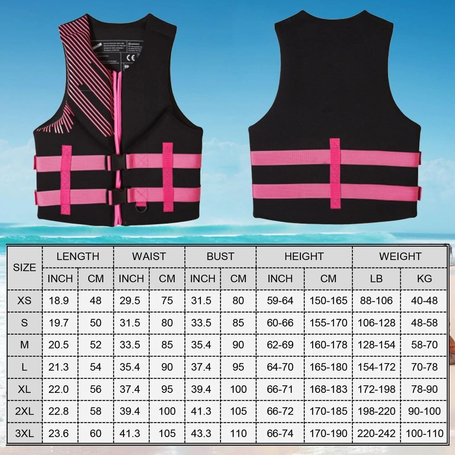 Chaleco de Surf con Cremallera y Cinturón Ajustable, Chaleco de Surf de Neopreno for Pesca, Kayak, Navegación, Deportes Acuáticos, Adultos, Hombres y Mujeres
