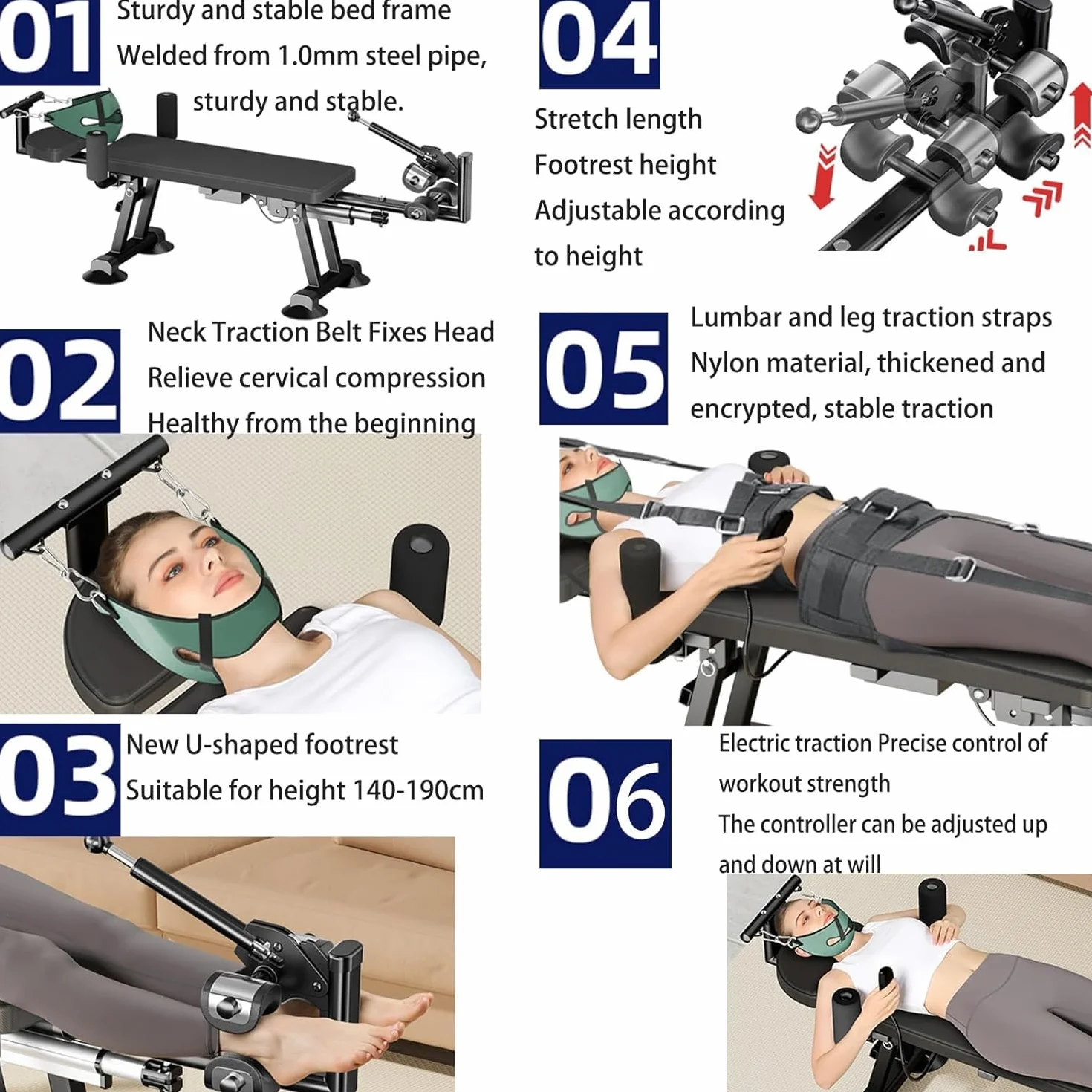 Cama de tracción para fitness, mesa de tracción cervical lumbar para descompresión de espalda, soporta carga de 400 kg, ideal para espondilosis y hernia de disco