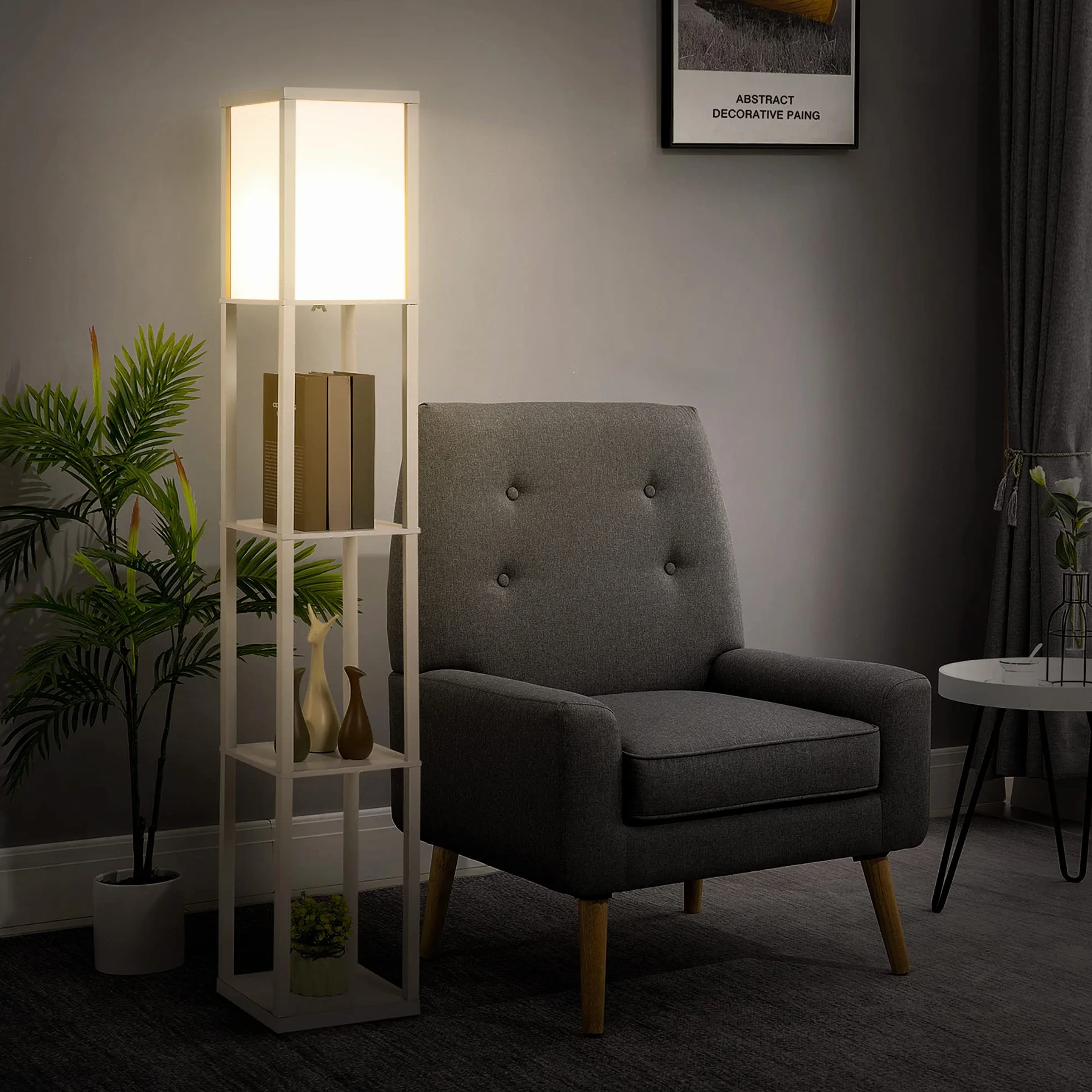 HOMCOM Lámpara de Pie con Estantes de Almacenaje, Madera Moderna, Bombilla E27, Blanco