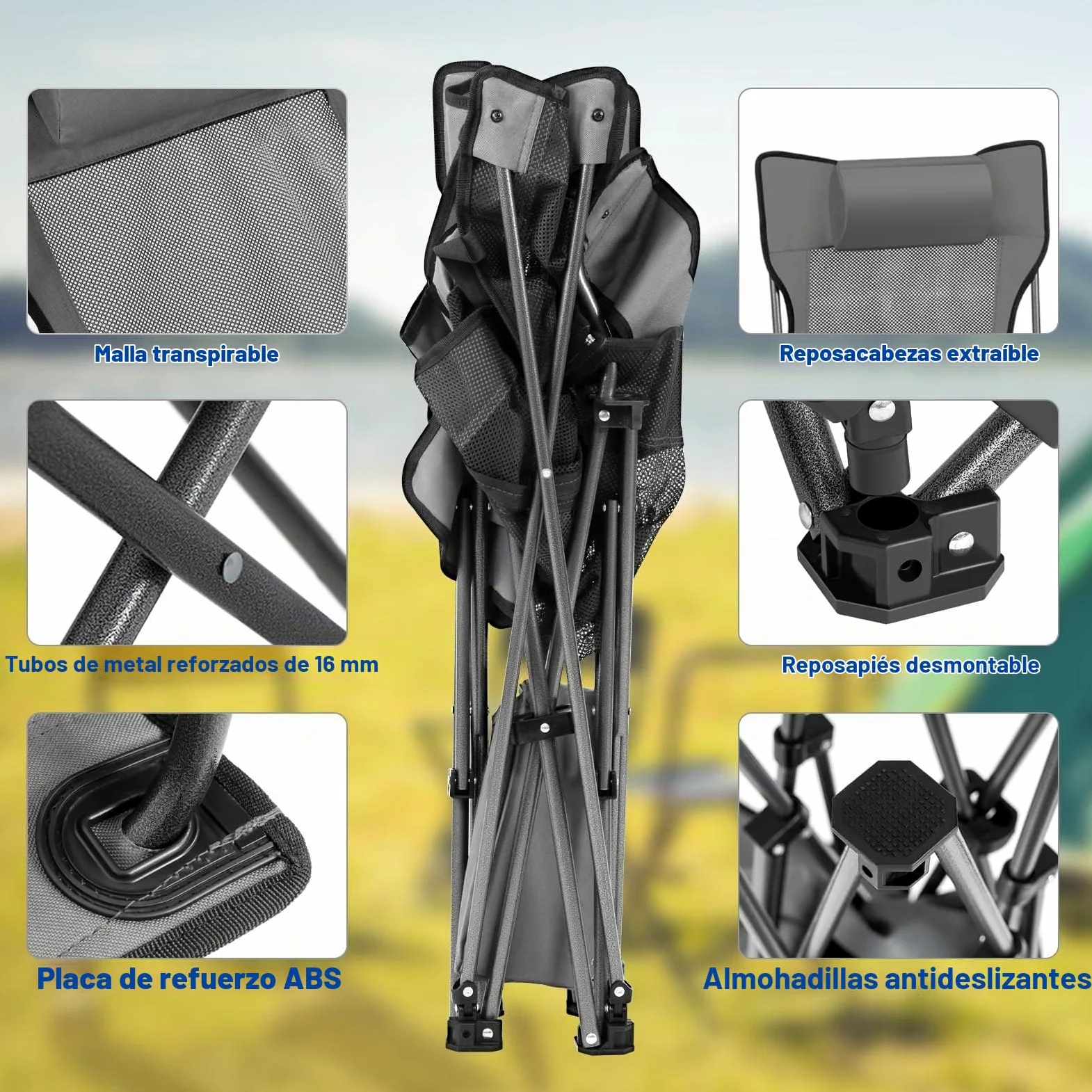 eSituro Silla de Camping Plegable Portátil con Respaldo Ajustable y Reposabrazos, para Pesca, Senderismo y Acampada (2, Gris)