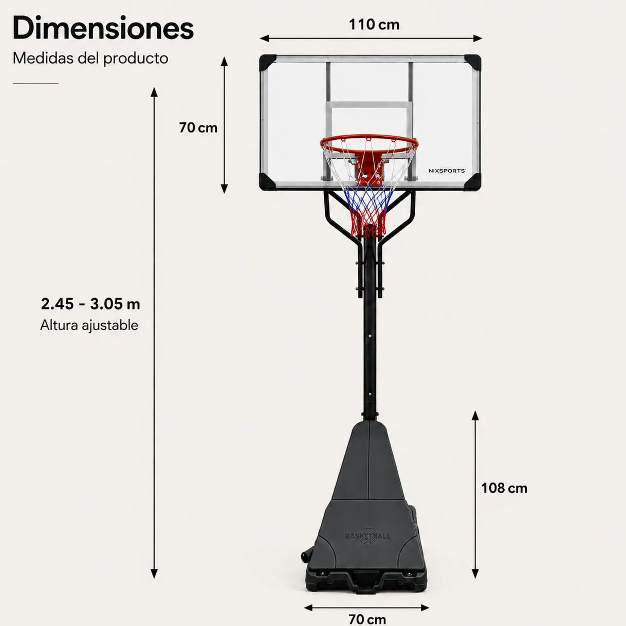 Canasta de Baloncesto portátil Regulable con Ruedas – Base rellenable, aro metálico con Red Tricolor – Uso jardín y Exterior