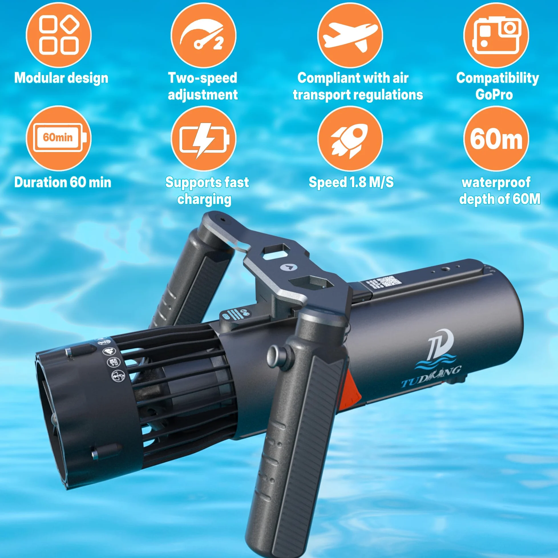 TUDIVING - Propulsión subacuática mejorada | Duración de la batería de 1 hora | Batería extraíble | IPX8 impermeable | Resistente al agua hasta 60 m | Scooter submarino con soporte de cámara de acción