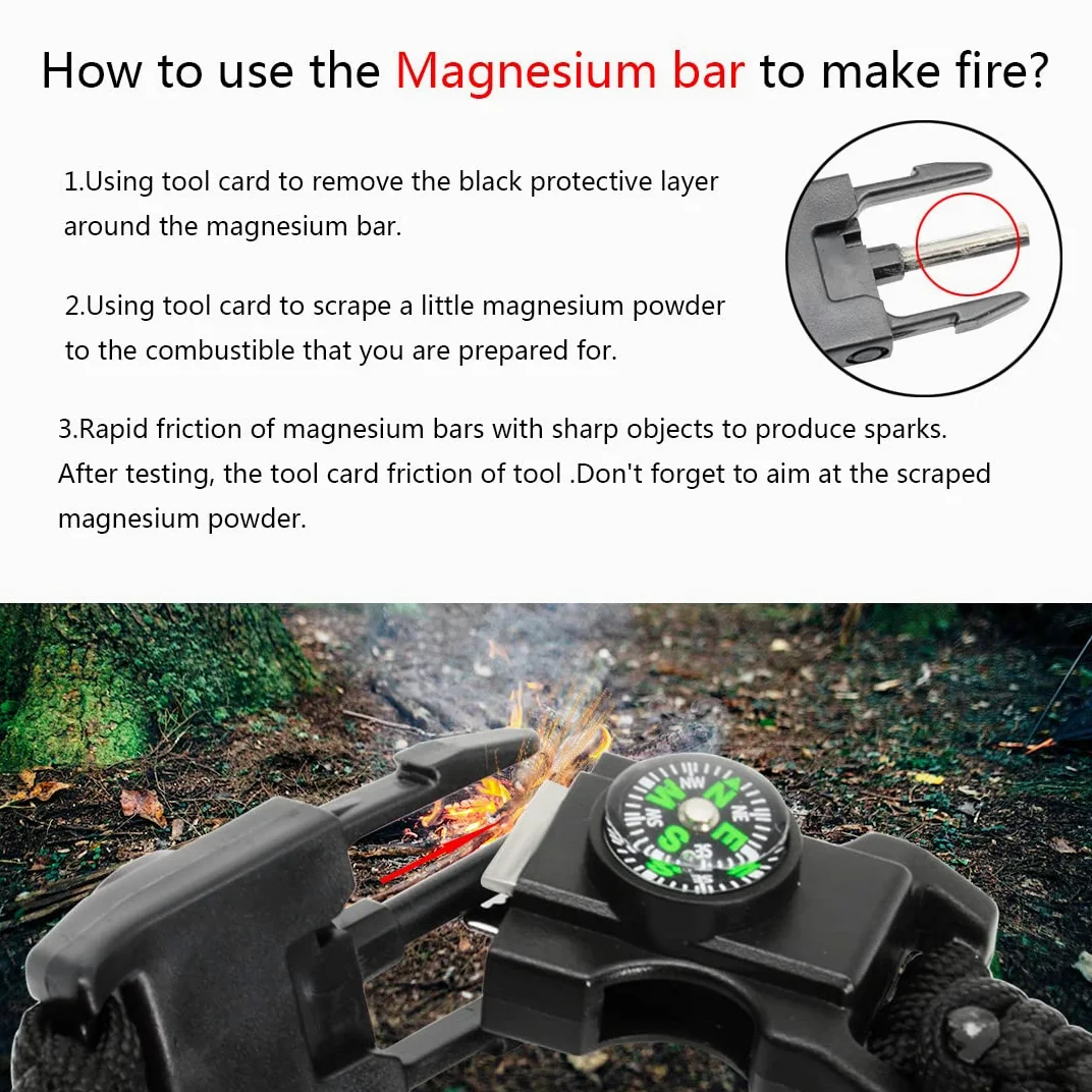 20 in 1 Survival Paracord Bracelet Adjustable Gear Kit with SOS LED Light, Fire Starter, Bigger Compass, Survival Whistle, Perfect for Camping, Hiking, Fishing
