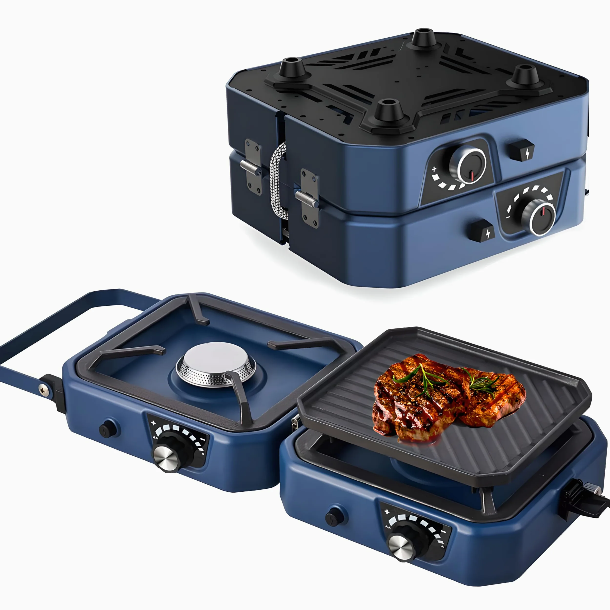 Estufa de camping de gas, parrilla portátil de barbacoa de 2000 W con plancha, quemadores ajustables de 16000 BTU y encendido piezoeléctrico para cocinar al aire libre, fiestas en el jardín y camping