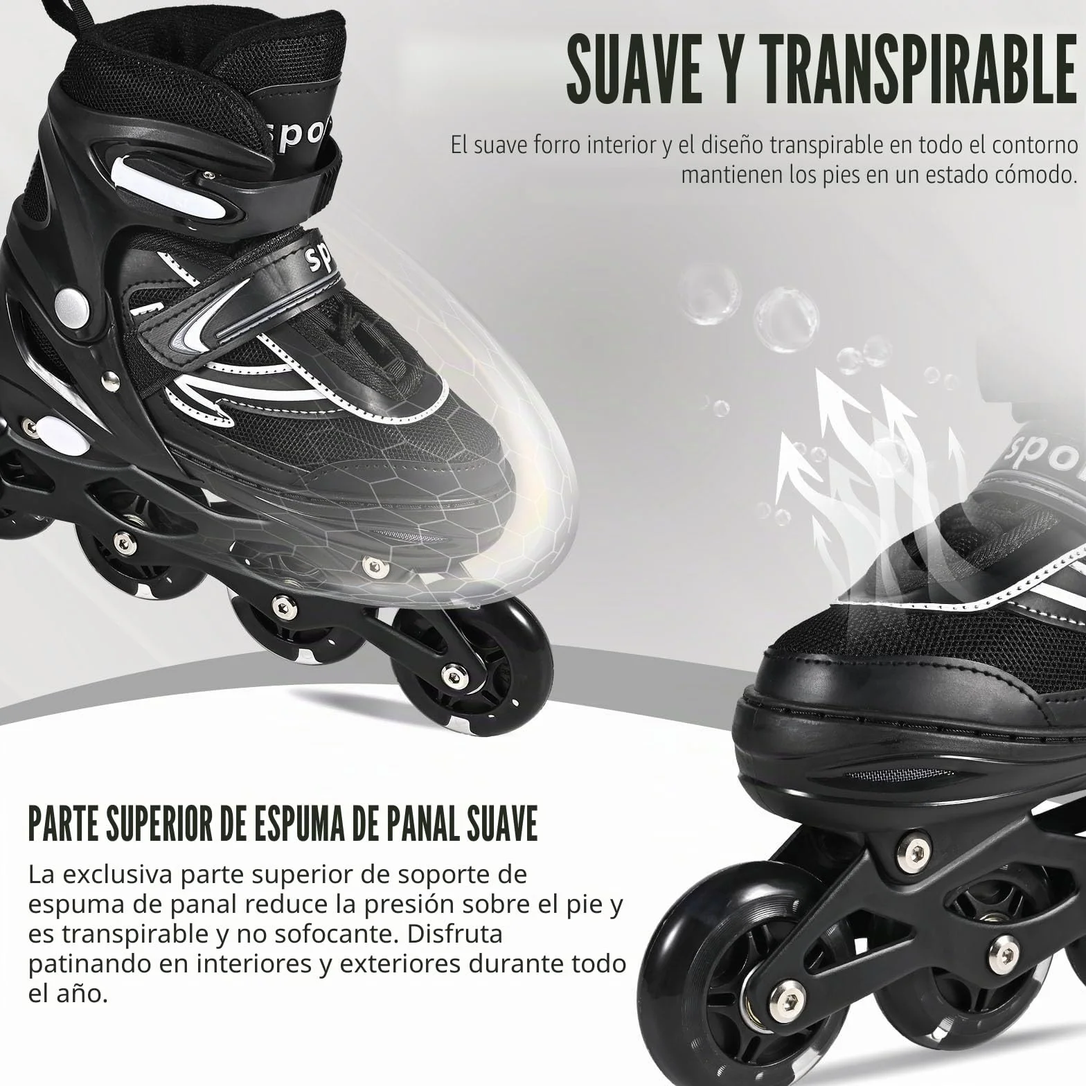Patines en línea Ajustables para Niños y Niñas, Negro y Blanco, 4 Ruedas Luminosas para Adolescentes y Adultos