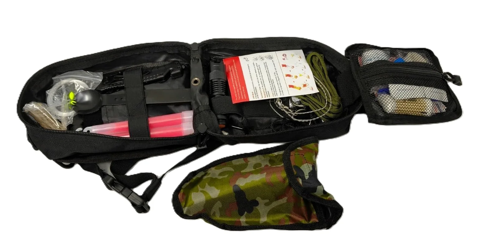 Kit de Supervivencia 50 en 1, Equipo Táctico con Bolsa Impermeable, Herramientas Multifunción y Primeros Auxilios para Camping y Emergencias.