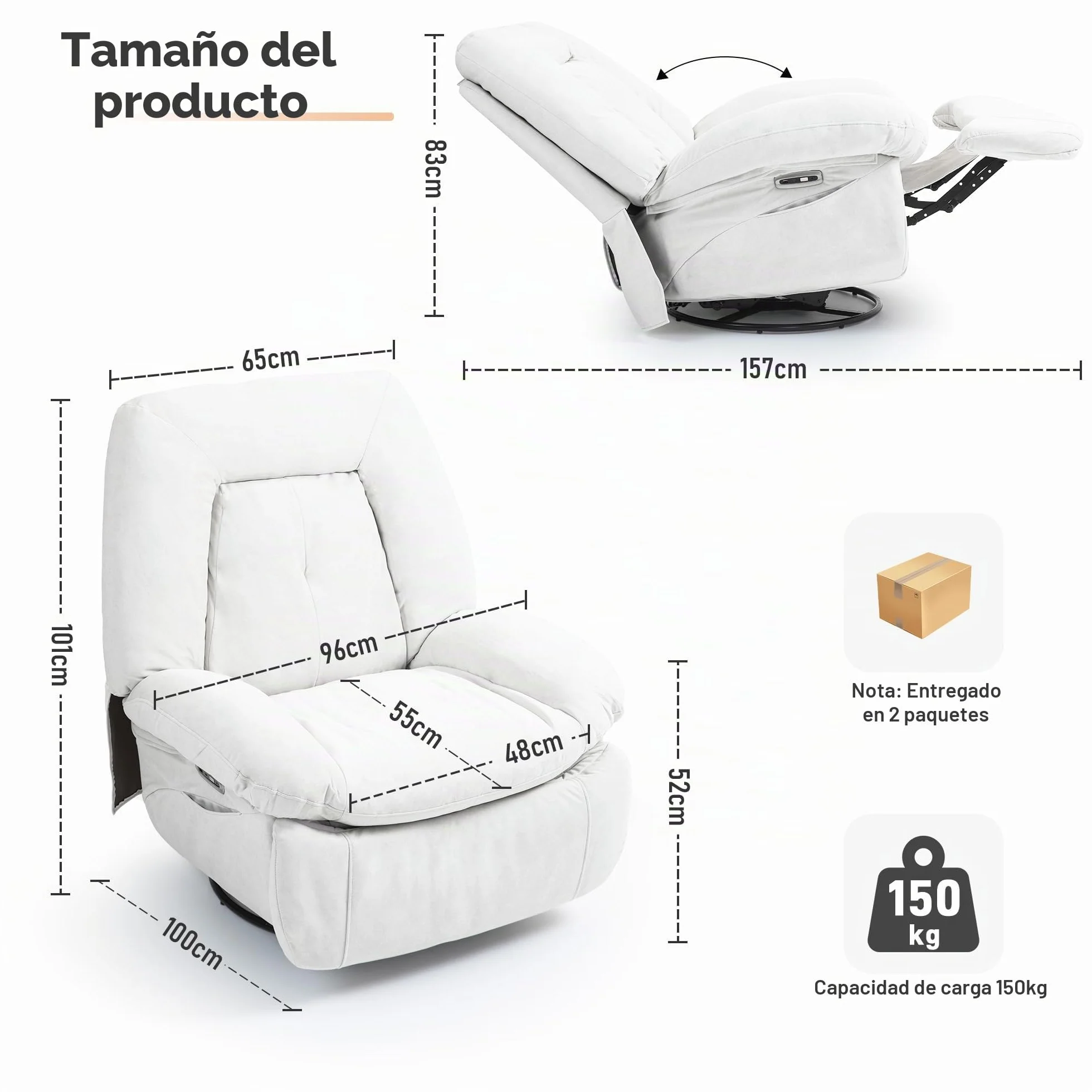 Sillón de Relax Eléctrico con Masaje, Calefacción y Vibración, Giratorio, Puertos USB-C, Reclinable para TV, Salón (Blanco)