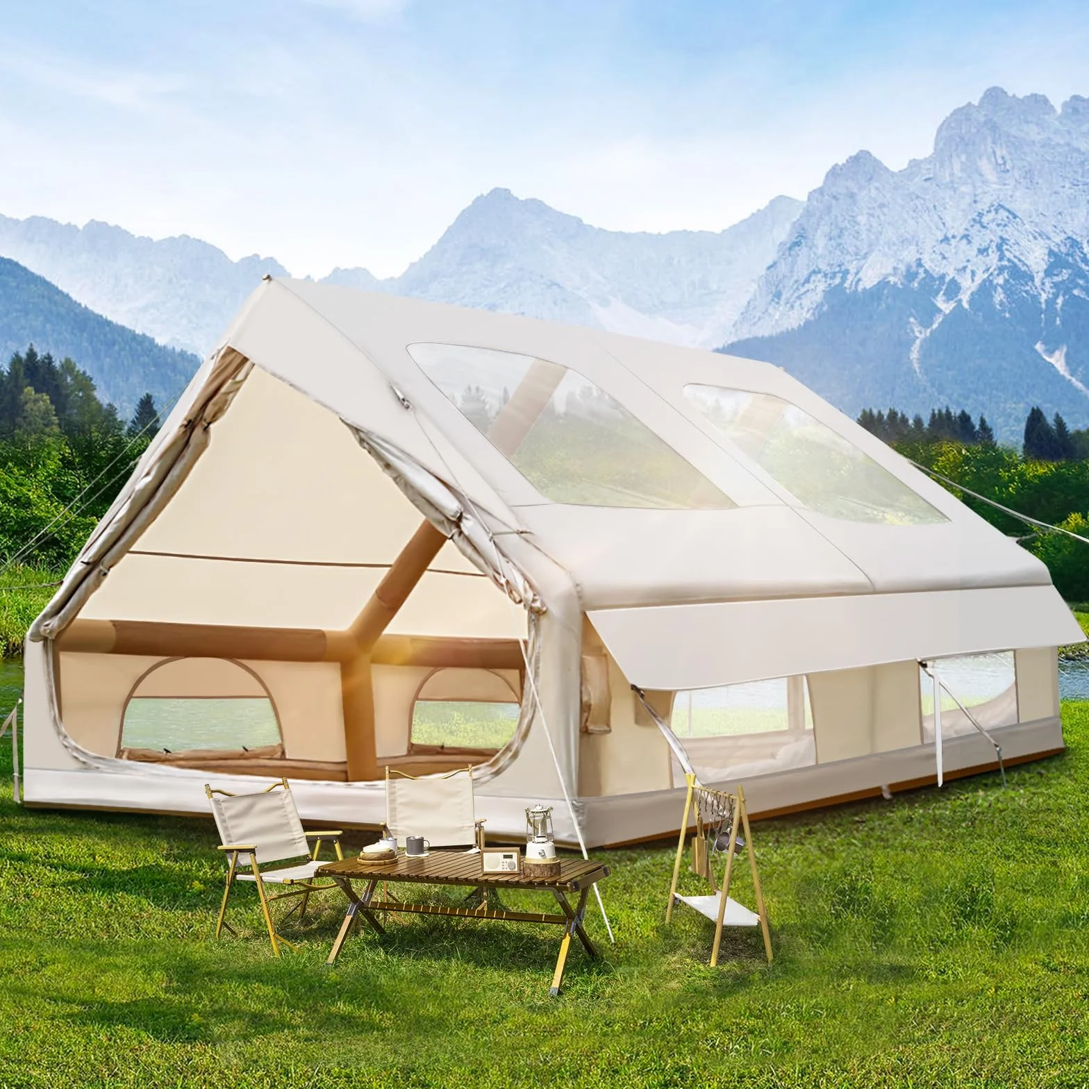 Tienda de campaña inflable con apertura de chimenea y claraboya, para exteriores, 2-10 personas, con bomba de aire, de tela Oxford impermeable, para las 4 estaciones, montaje rápido
