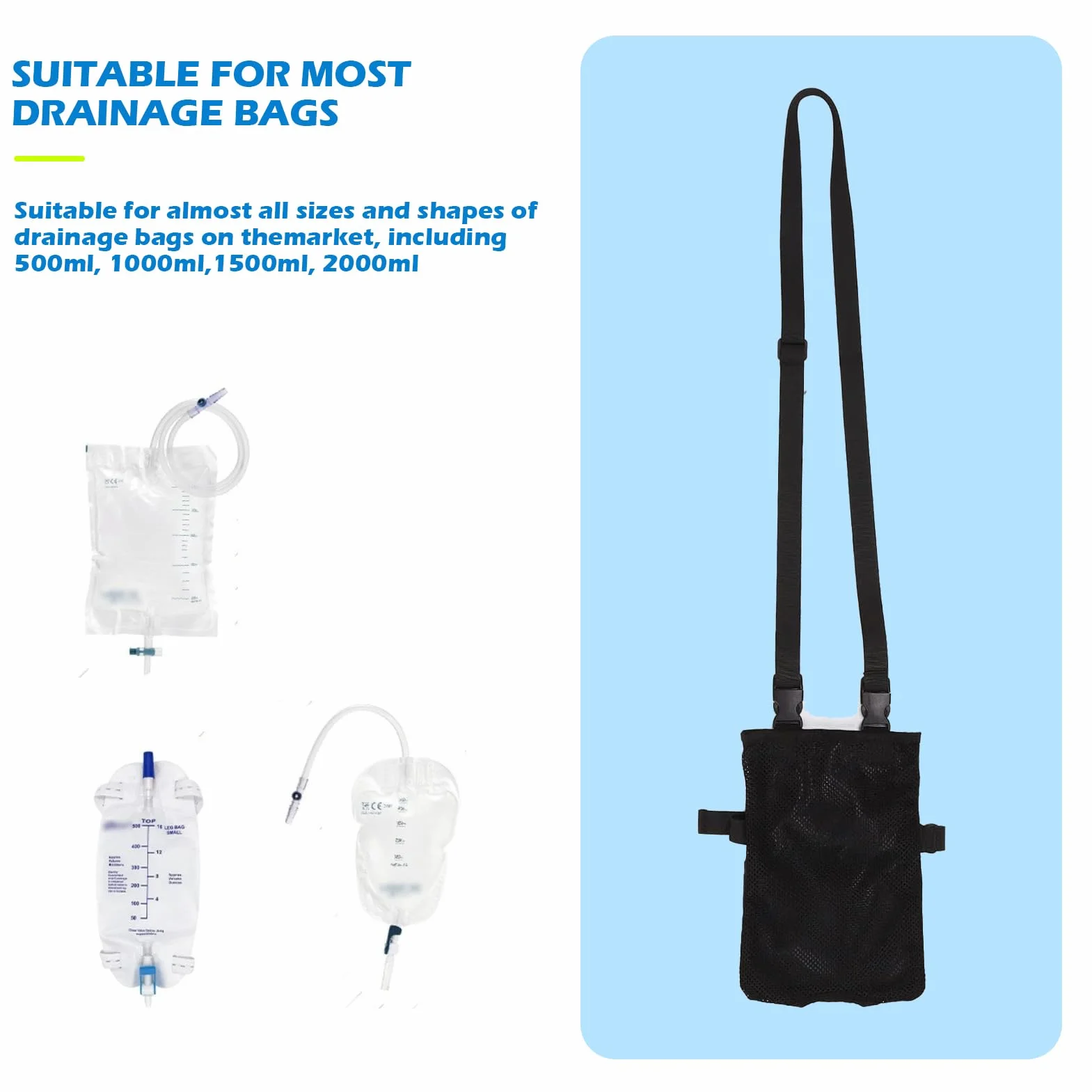Bolsas para catéter universal, soporte elástico, correa de hombro ajustable (Negro)
