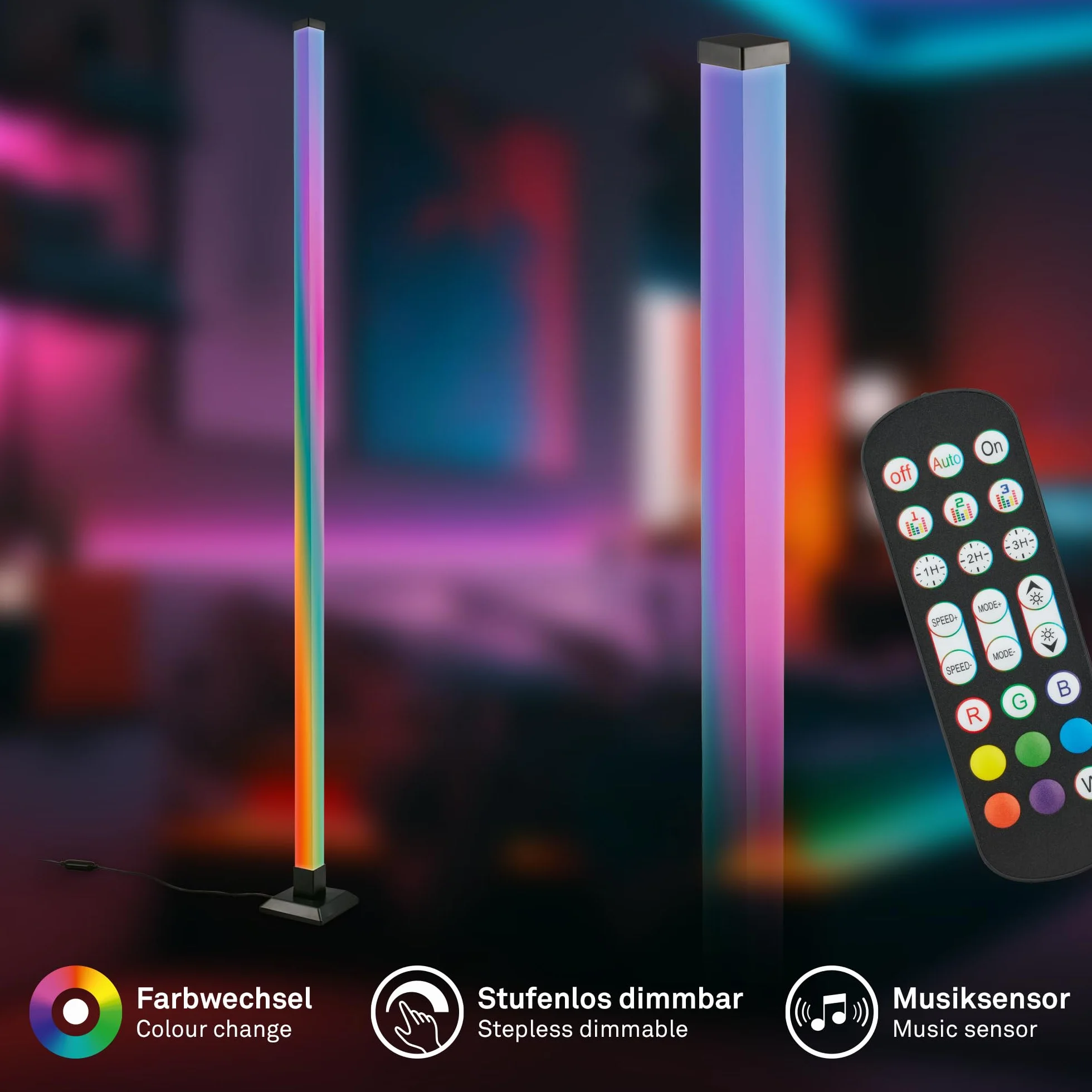 BRILONER Lampara de pie LED con mando a distancia regulable función de música 150x12,5x12,5 cm negro