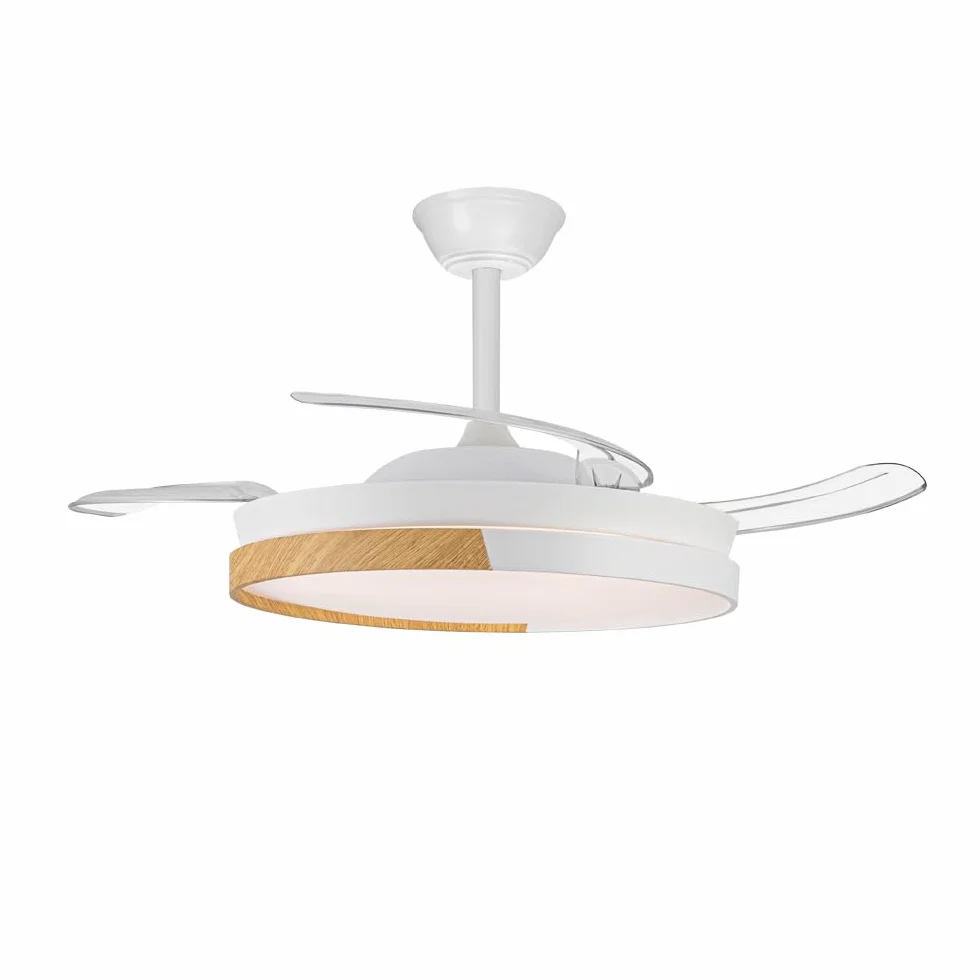 Ventilador de techo con aspas retráctiles Arpino Blanco+Madera LED 48W CCT 3000-6000K Regulable Silencioso