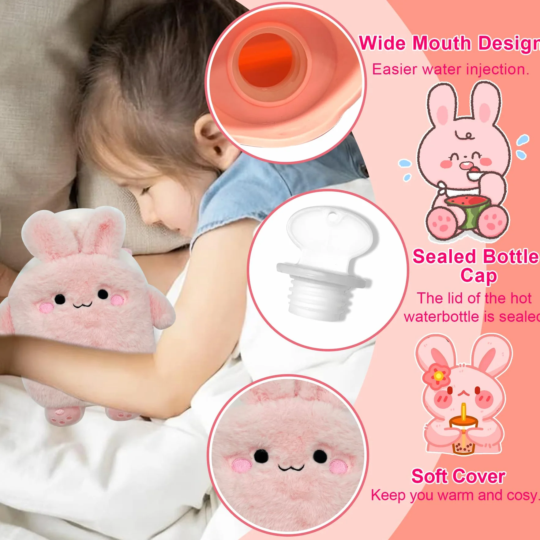 Bolsa de Agua Caliente para Niños con Funda de Felpa Suave, Desmontable y Lavable, Sin Fugas