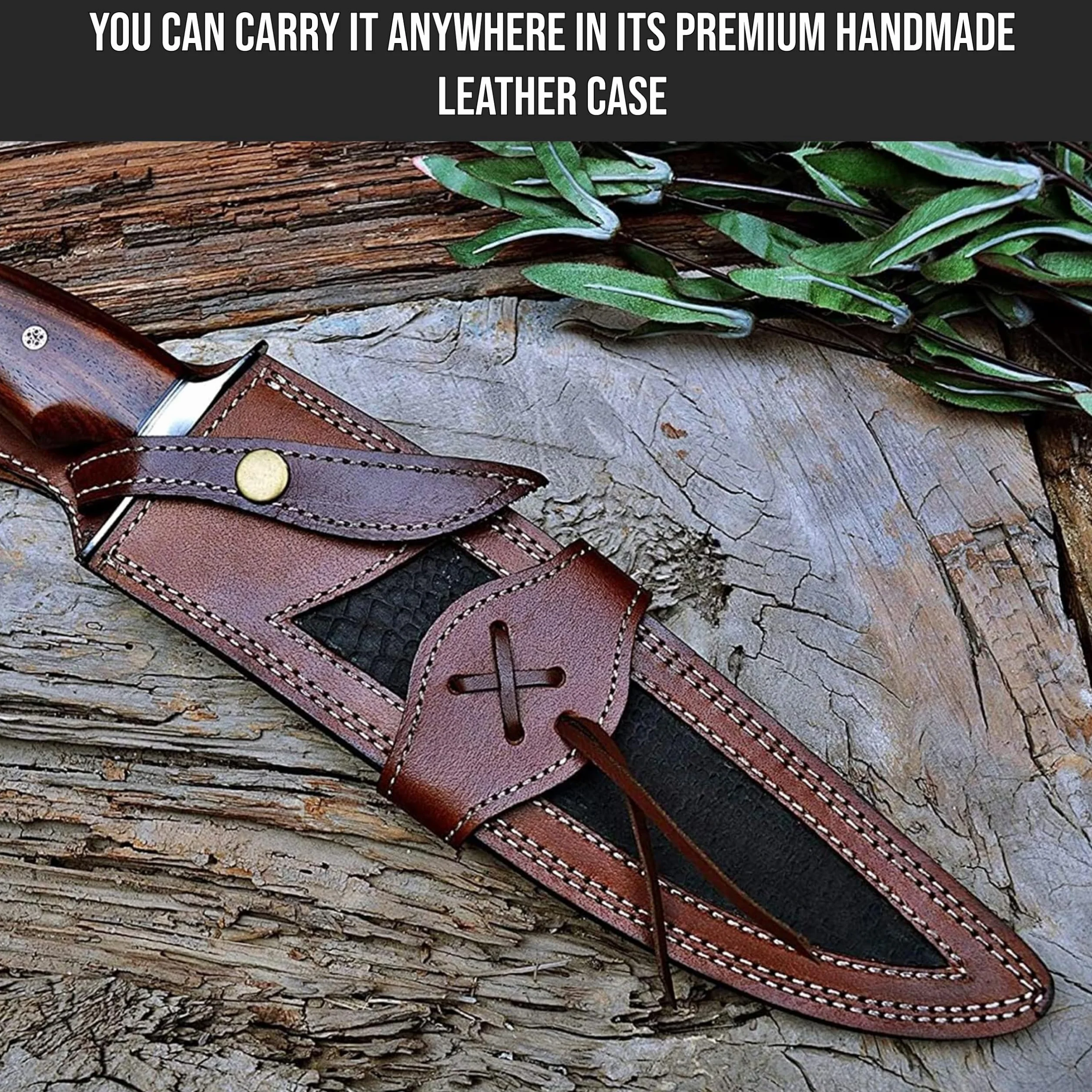 BIGCAT ROAR Cuchillo de caza de Damasco hecho a mano - 38 cm Hoja fija con funda y mango de nogal