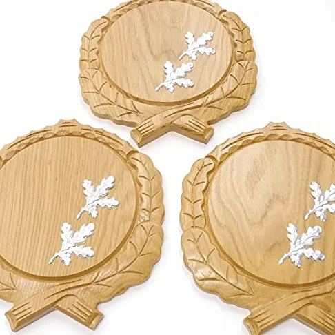 GTK - 3 placas de cuña talladas de roble claro AF 17,5 cm con 6 hojas de aluminio de roble, cubierta para cuñas, tabla de especias, cartel para trofeos