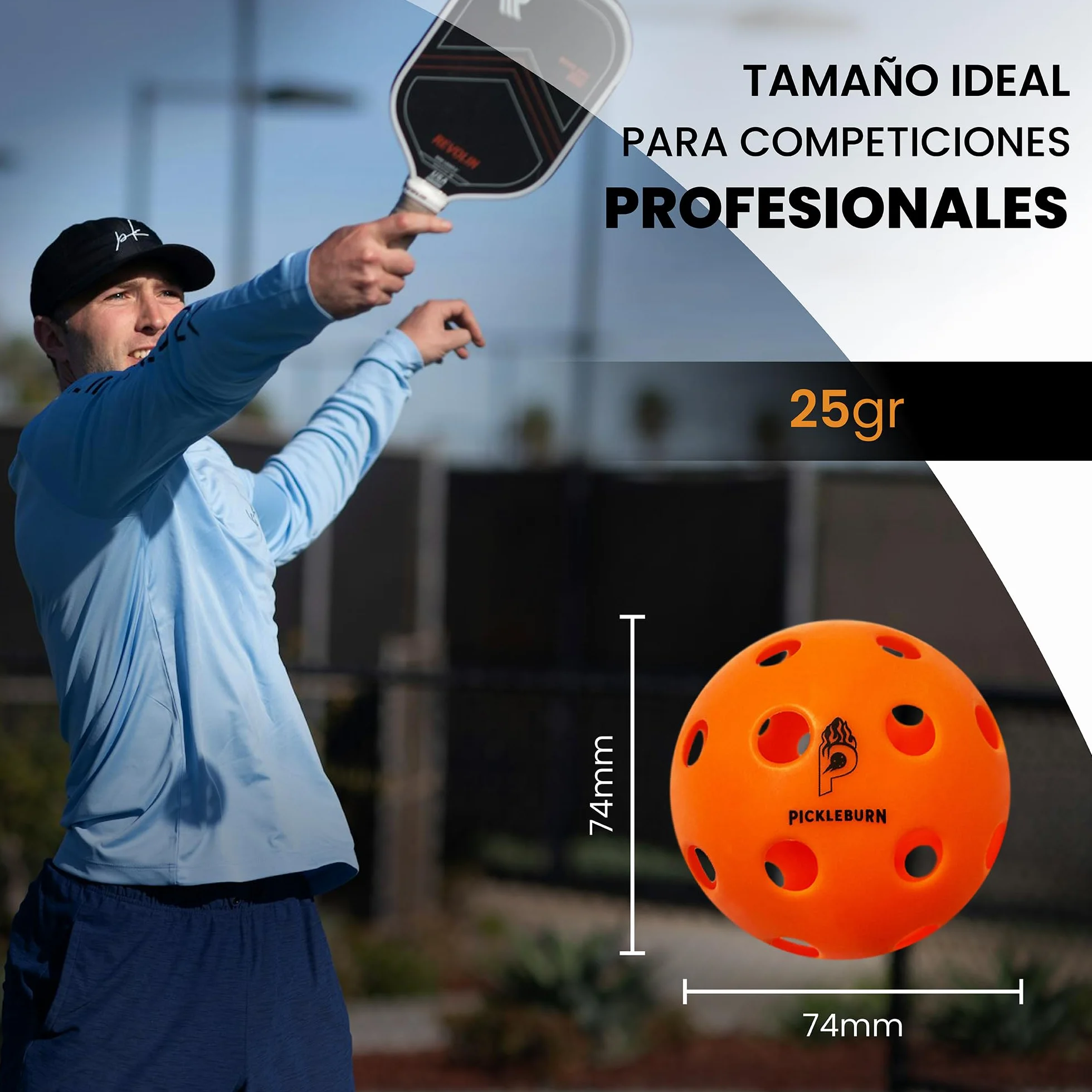 BurnCourt 40 - Bolas Pickleball Naranja Neón Pack de 6 Pelotas para Juego Exterior Outdoor 40 Agujeros Rebote Alto y Preciso con Bolsa y Pickers para Todos los Niveles