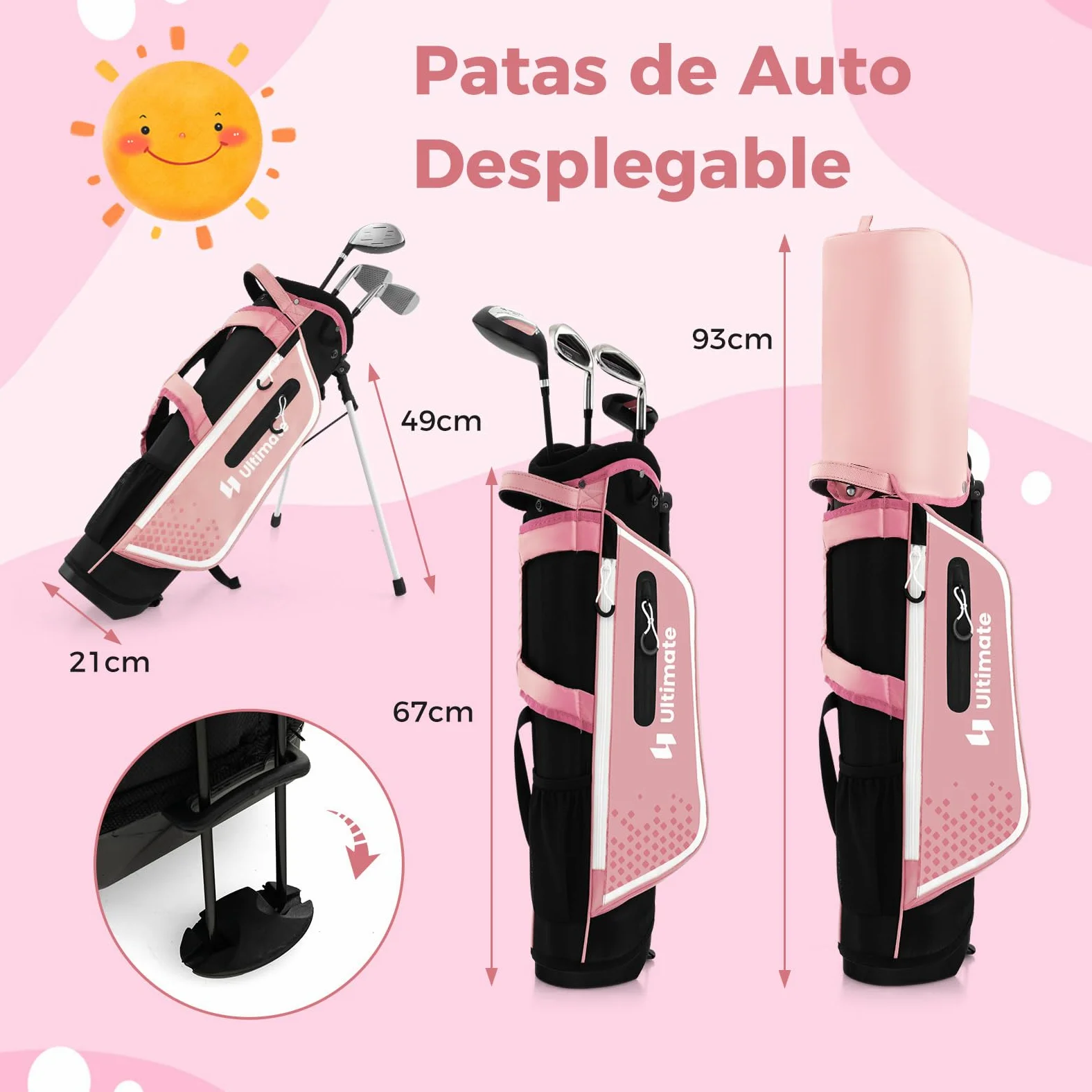 COSTWAY Juego de Palos de Golf para Niños de 8 a 10 Años, Incl. Bolsa de Soporte con Capucha para Lluvia, Driver n.º 1, Hierros y Putter n.º 7#S para Niños y Niñas, Diestros