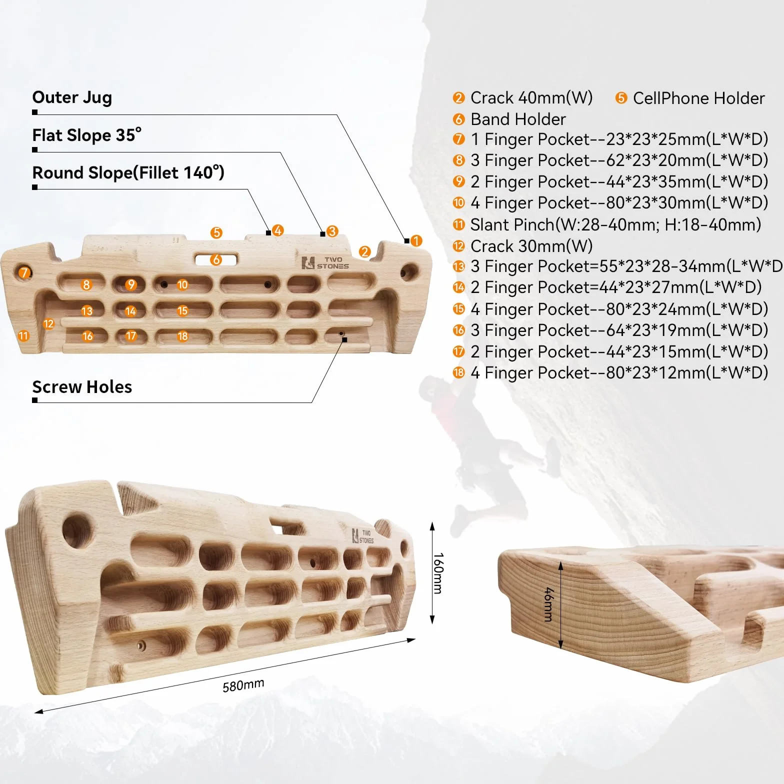 TWO STONES Hangboard - Tabla Colgante de Escalada con Soporte para teléfono, Soporte para Correa, Jarra, pellizcos, Bolsillos, Bordes y Pendientes; Tabla Colgante de Madera para Escalada