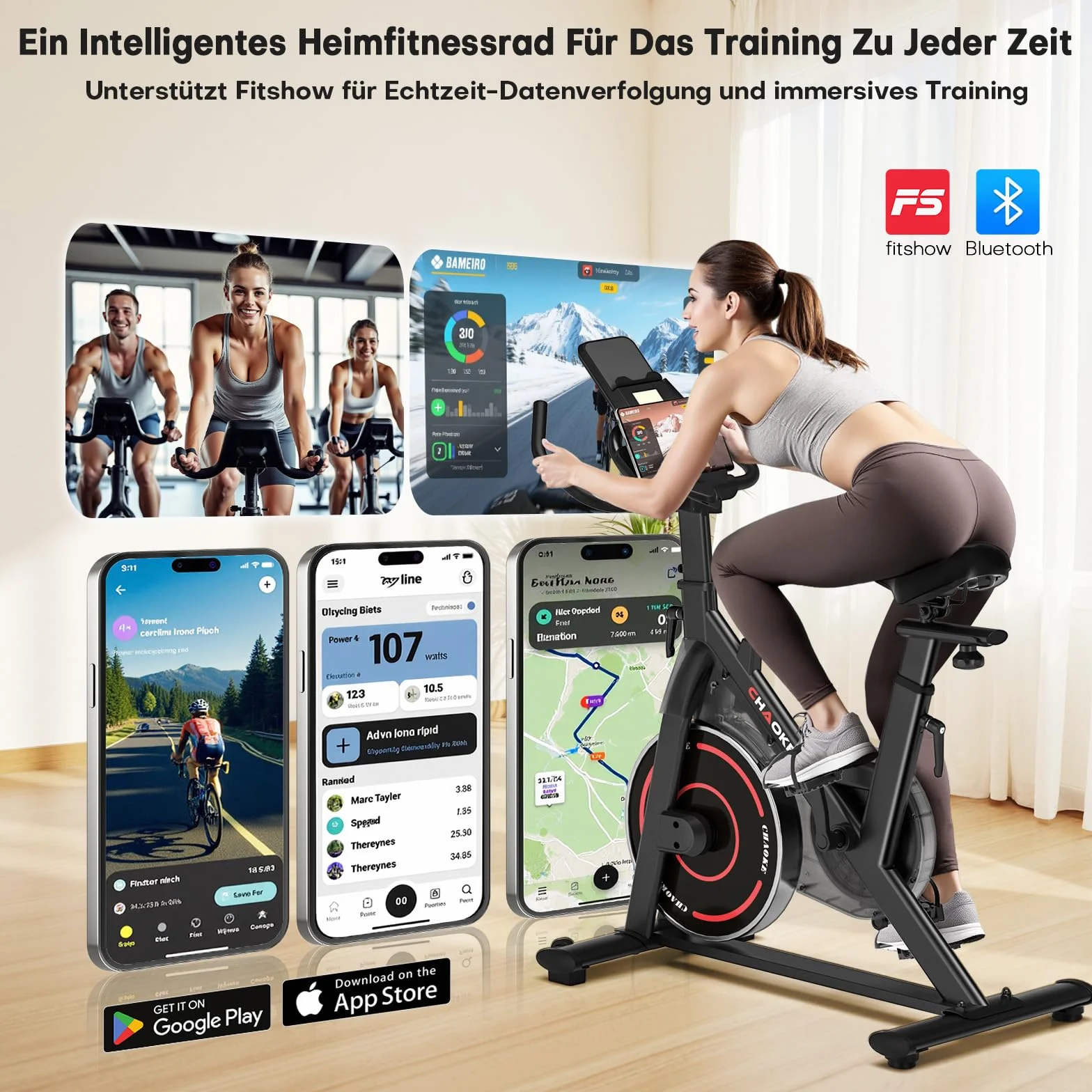 CHAOKE Bicicleta Estática Magnética con APP, Bicicleta de Spinning Profesional para Casa, Entrenamiento de Ciclo Indoor Silencioso, Asiento Ergonómico, Pantalla LCD, Carga 150kg