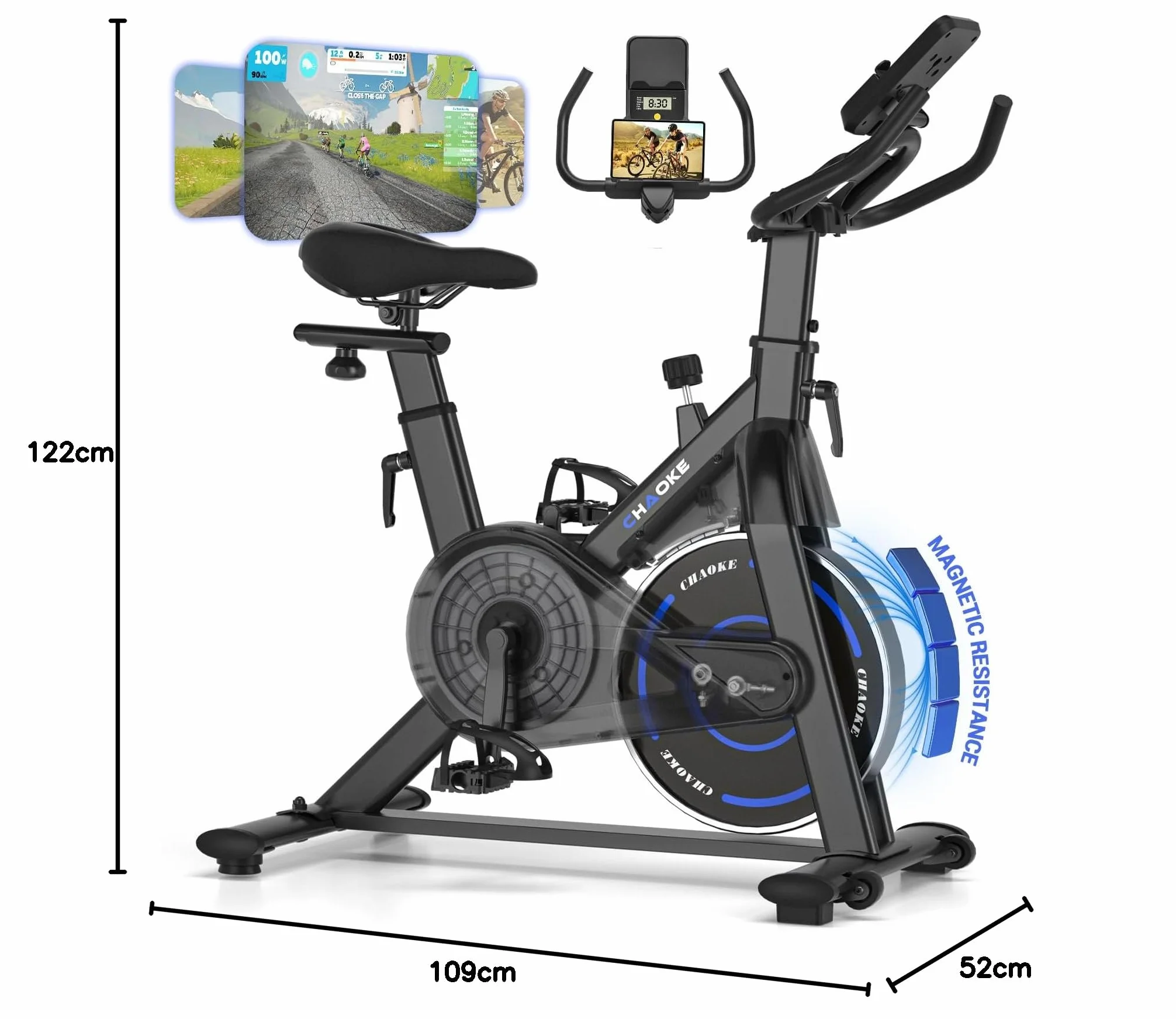 CHAOKE Bicicleta Estatica con APP, Bicicleta Spinning Magnética de Resistencia Súper Silencioso 10DB, Asiento Transpirable Suave y LED Pantallas, Max 150KG