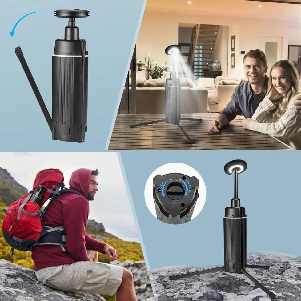 Linterna de camping LED telescópica, luz de camping portátil recargable USB, 3 modos de iluminación linterna LED fuerte al aire libre, luz de trabajo LED 10800 mah con soporte, para acampar al aire li