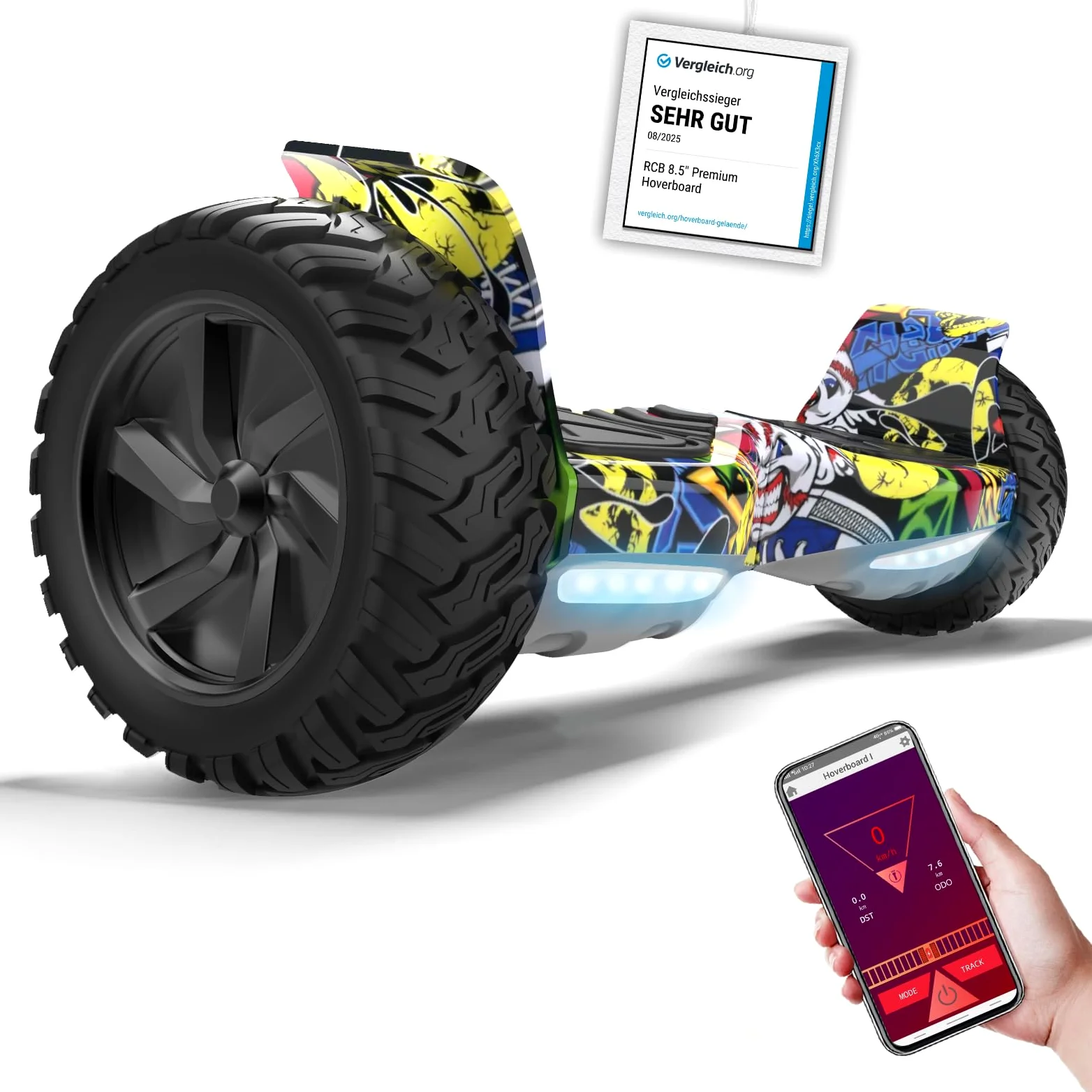 RCB Hoverboard 8.5" Todo Terreno, Función de App Control, Estándar de la UE- Bluetooth Integrado con Potente Motor, Monopatín Eléctrico Auto-Equilibrio, Regalo para Adolescentes y Adultos
