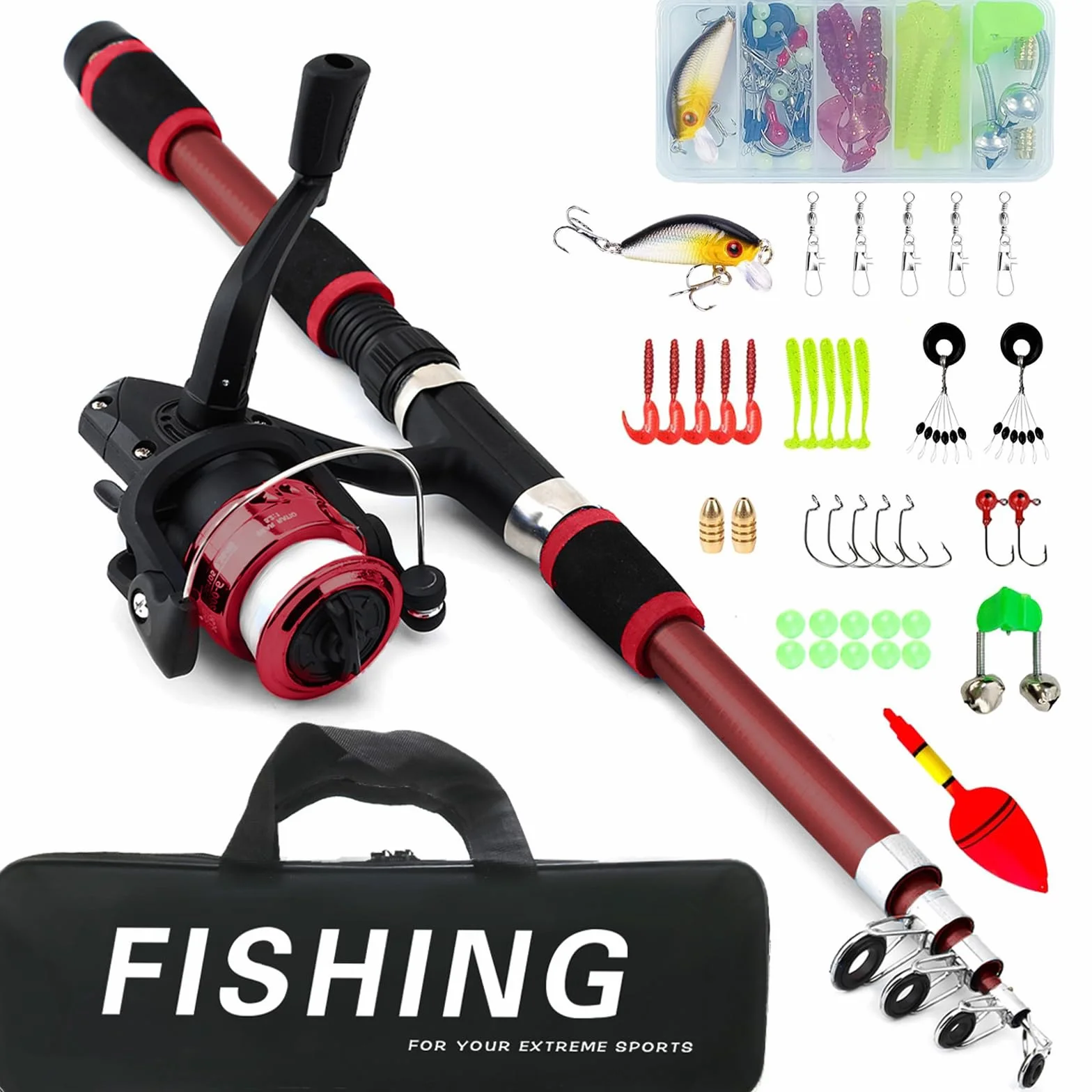 Juego de pesca para niños, 1,8 m, caña de pescar para niños, con carrete y juego de cebo, caña de pescar telescópica de fibra de carbono y carrete, accesorios para niños de 3 a 10 años