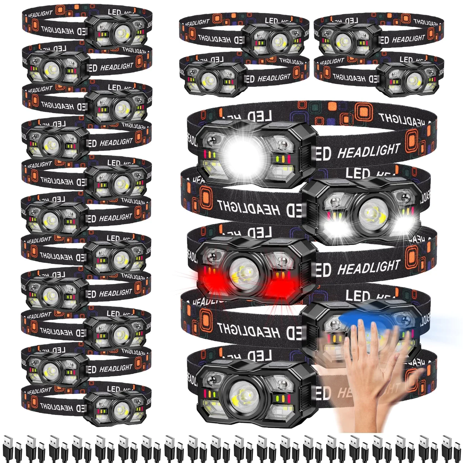 KunHe Paquete de 20 faros delanteros LED recargables con sensor de movimiento, 10 modos para acampar al aire libre, senderismo, pesca, correr, ciclismo, luces de emergencia para el hogar