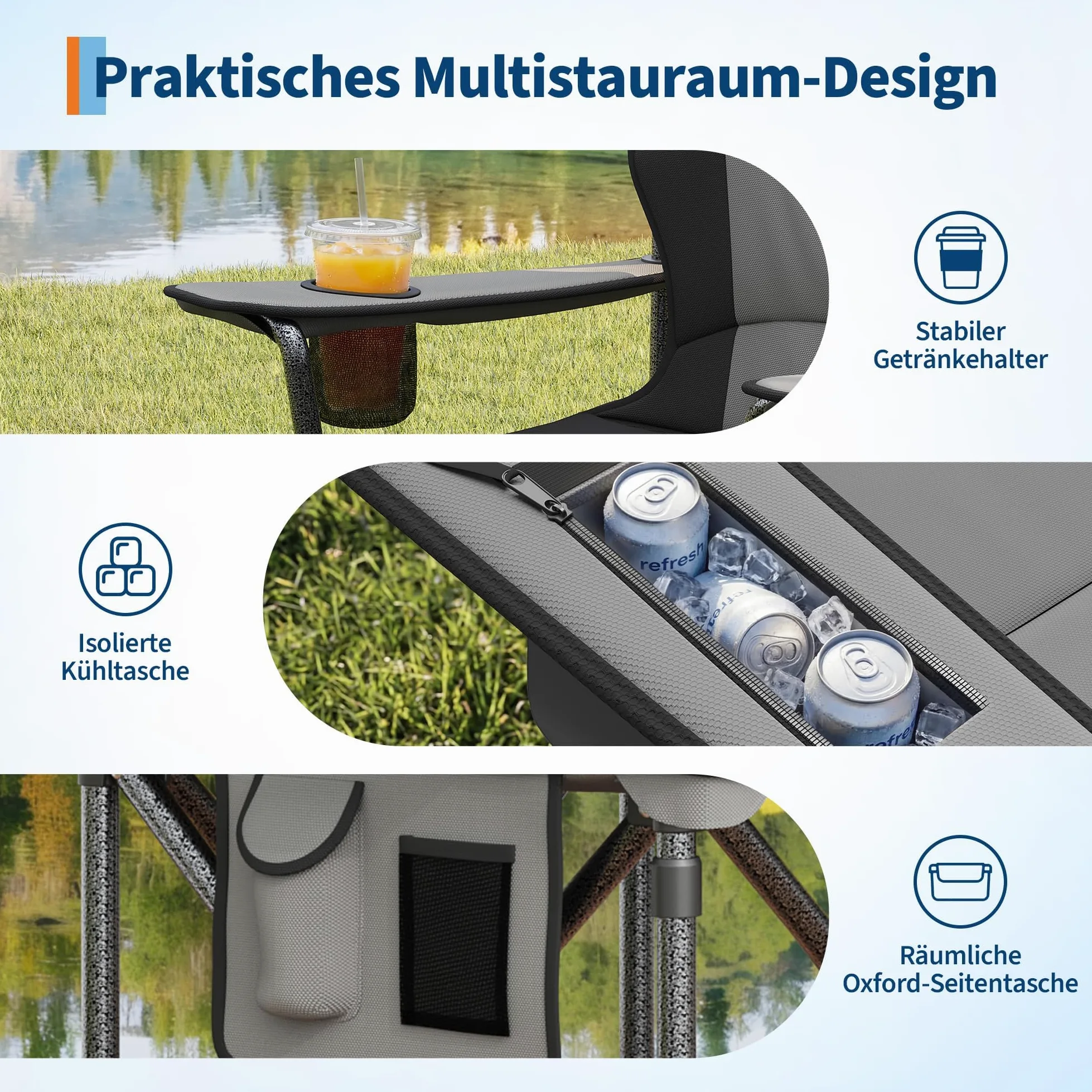 GarveeTech Sillas De Camping Plegables XXL para Adultos | Alta Resistencia y Máximo Confort - Respaldo Acolchado Alto - Soportan Hasta 200 kg - Con Portavasos, Bolsa Térmica y Bolsill