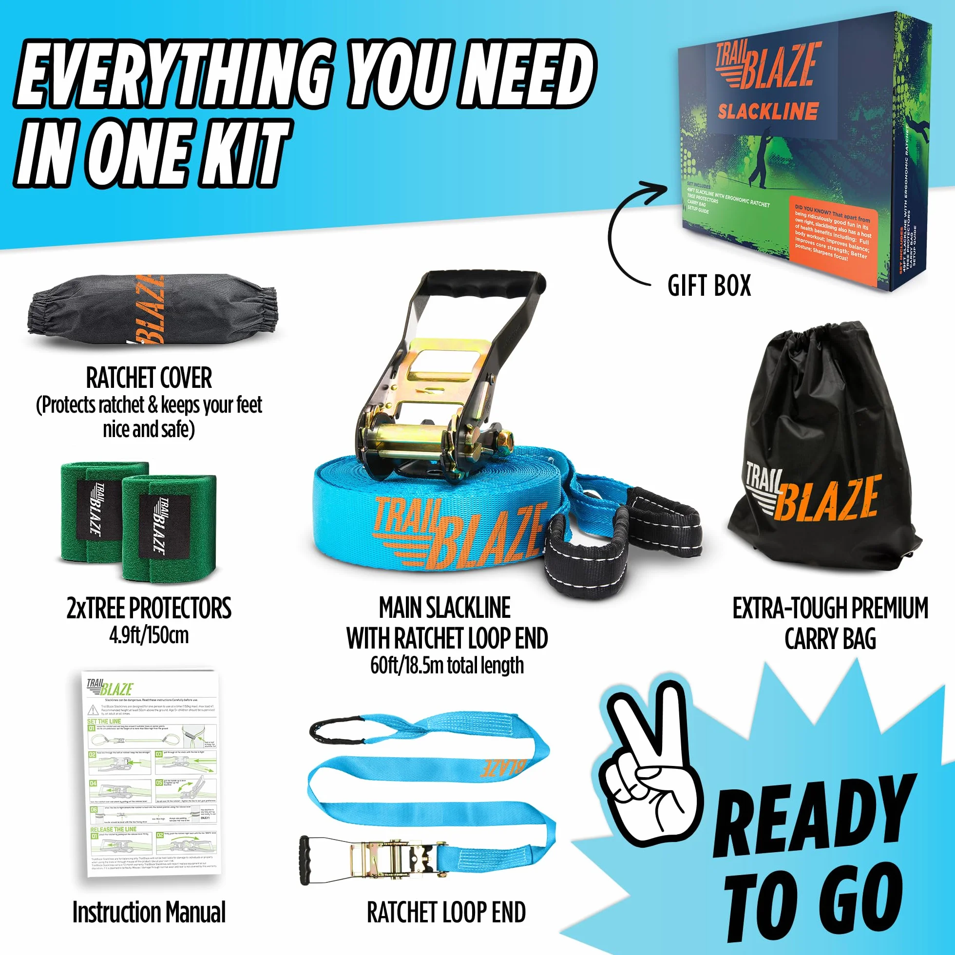 Kit Slackline Completo - Kit de Principiante con Protectores de árboles, Trinquete Tensor Revestido - Set de 18,5 Metros de Bandas para Entrenamiento de fácil instalación