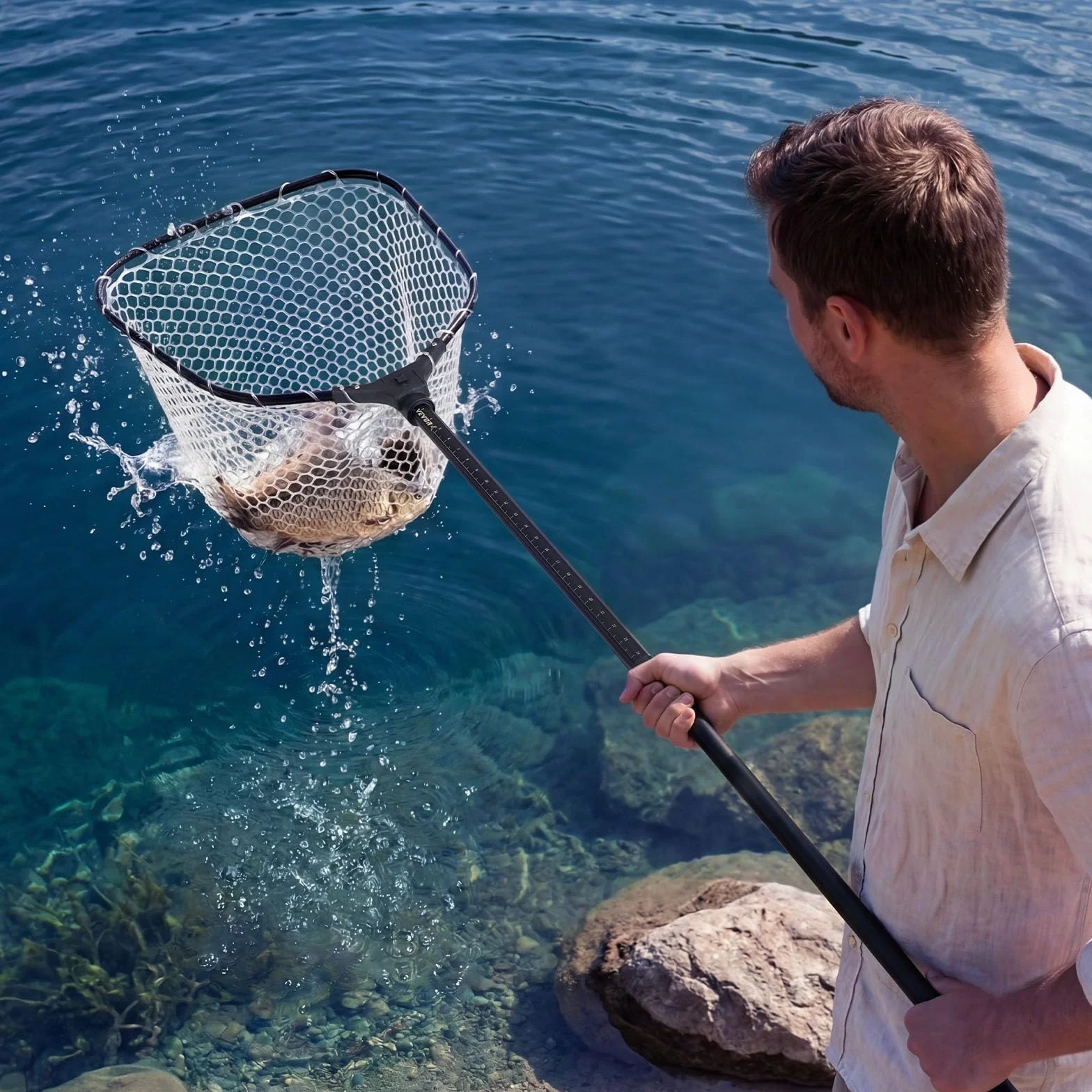 VEVOR Red de Pesca de Aluminio, Red de Aterrizaje de Peces con Malla de Silicona Suave y Mango Telescópico de PE, Ligera y Resistente, Sacadera Soporta hasta 13,6 kg, para Kayak, Barco, Orilla