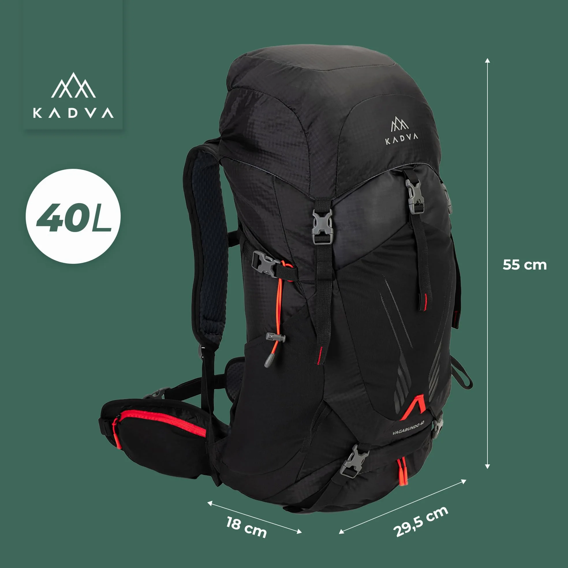 KADVA Vagabundo Mochila de trekking de 40 l, sistema de transporte Windspire Pro, material hidrófobo, funda para lluvia, correas exteriores.