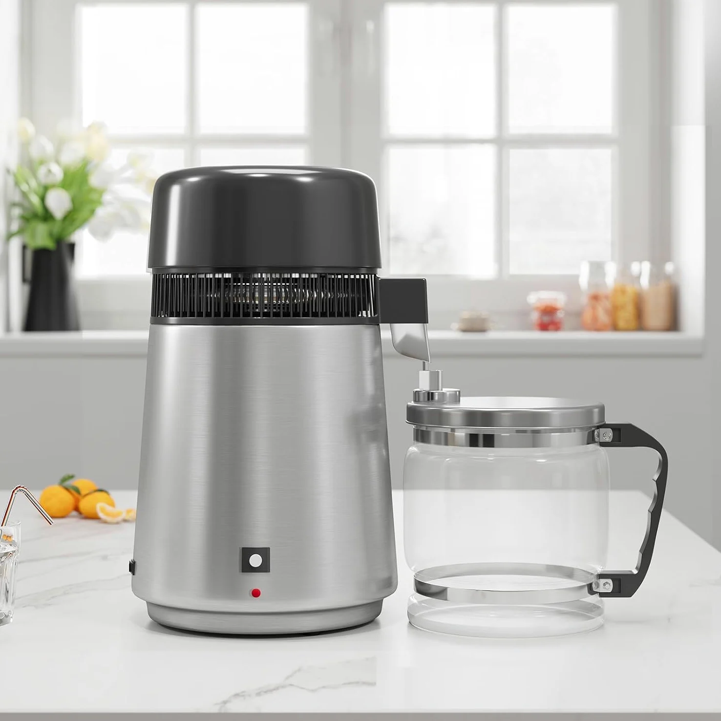 Destilador de agua 4L,1 litro por hora,750W Máquina de agua destilada con apagado automático,Eliminación de impurezas,Interior Acero 304,Purificador de agua portátil para casas,Oficina,Viajes-Plata
