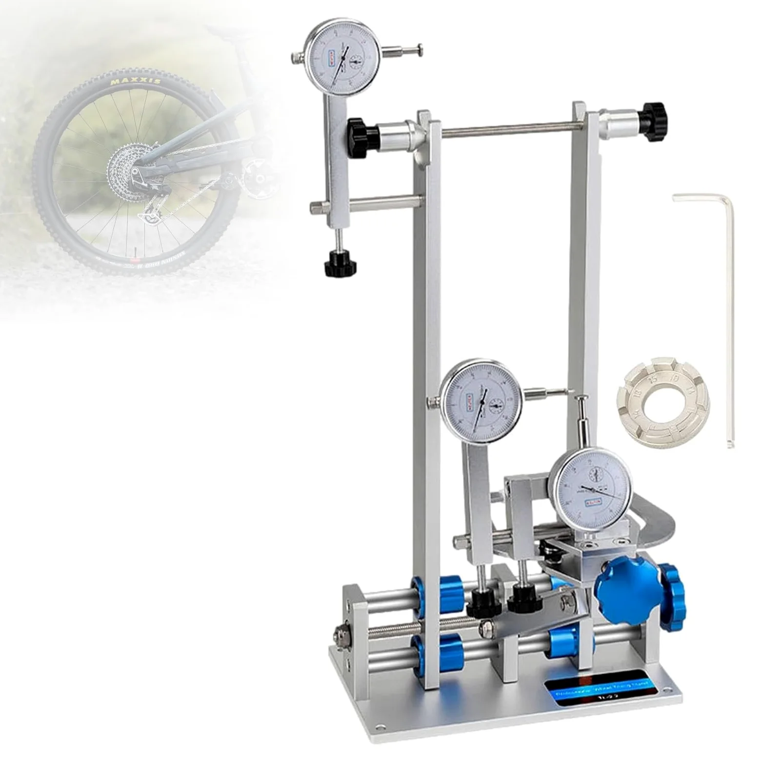 Soporte de rueda para reparación de llantas de bicicleta con soporte de rodamiento y llave de radios, desajustes ajustables para bujes de 55-200 mm, herramienta profesional de alineación de bujes
