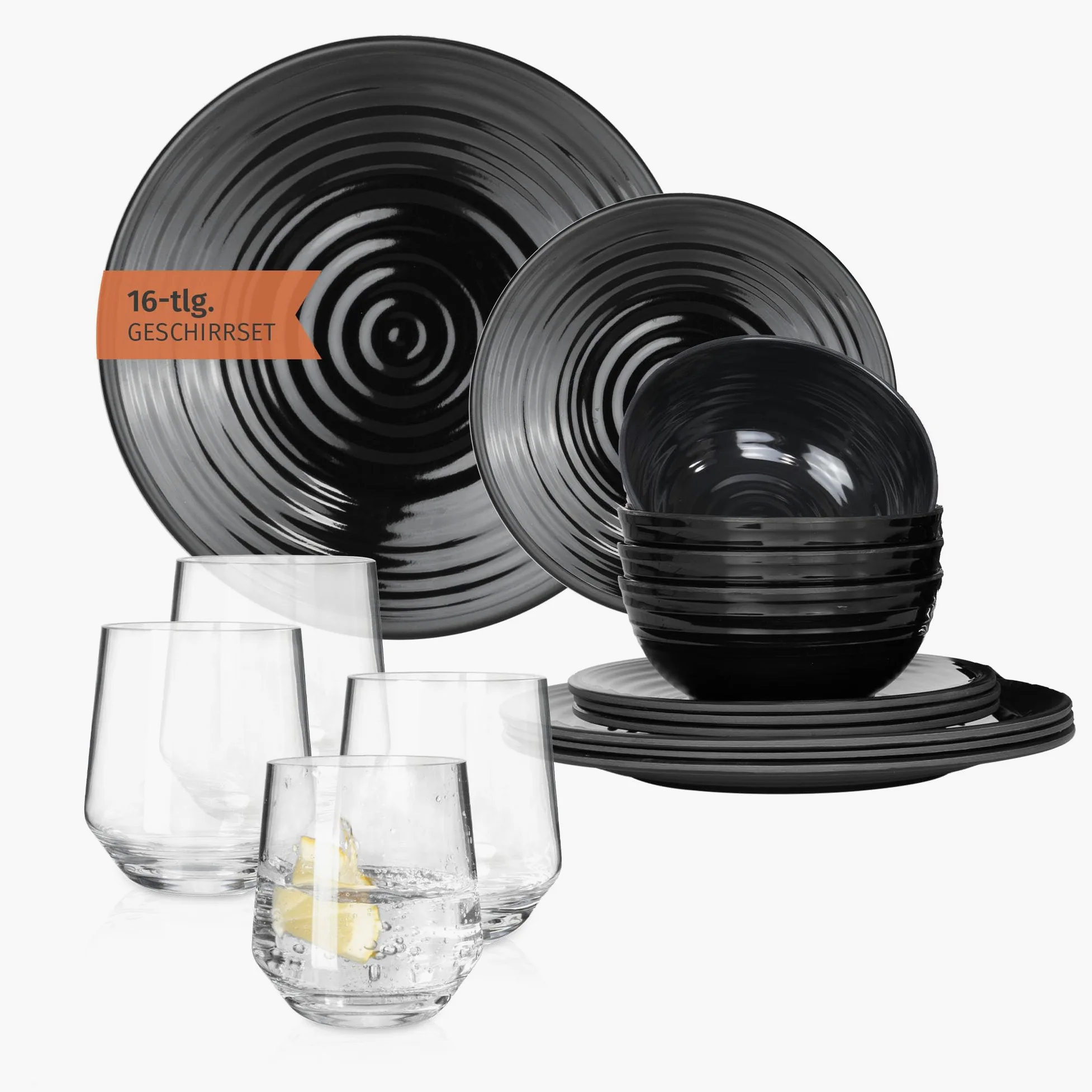 Vajilla de melamina para camping, 4 personas, color negro oscuro + 4 vasos Milano, vajilla de pícnic, barbacoa