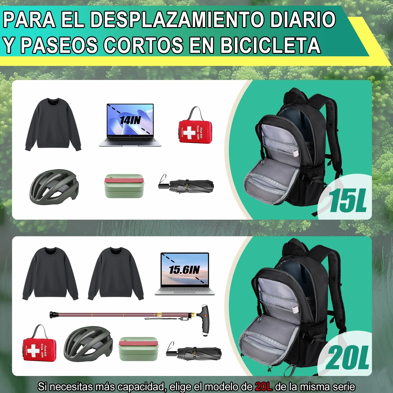 Mochila de Ciclismo 15L / 20L con Funda Impermeable, Mochila Hidratación Mtb para Hombre y Mujer, Mochila Senderismo Pequeña y Antirrobo para Moto, Esquí, Bicicleta, Montaña y Running