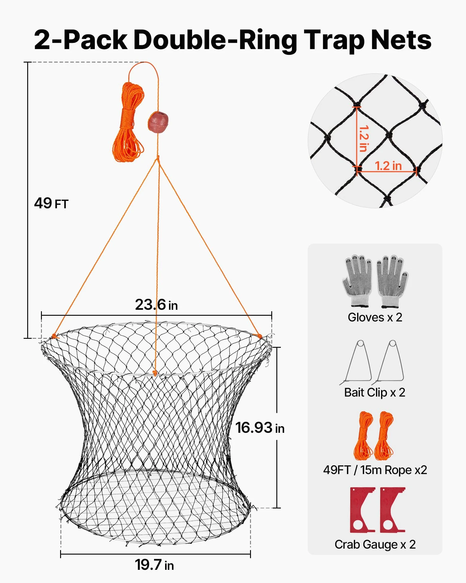 VEVOR Trampa para Cangrejos 2 Piezas de Doble Anillo, 60 cm Superior, 50 cm Inferior, Trampa de Red de Pesca Nailon Recubierto de PVC, Cuerda de 18 m, Pesca de Cangrejos en Muelles y Embarcaderos