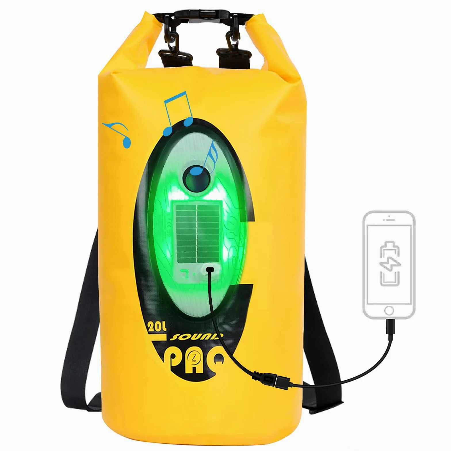 Qoolife Bolsa impermeable con altavoz solar Bluetooth y luz, saco seco enrollable de 20 L que mantiene el equipo seco para hombres y mujeres, kayak, playa, rafting, canotaje, senderismo, camping y