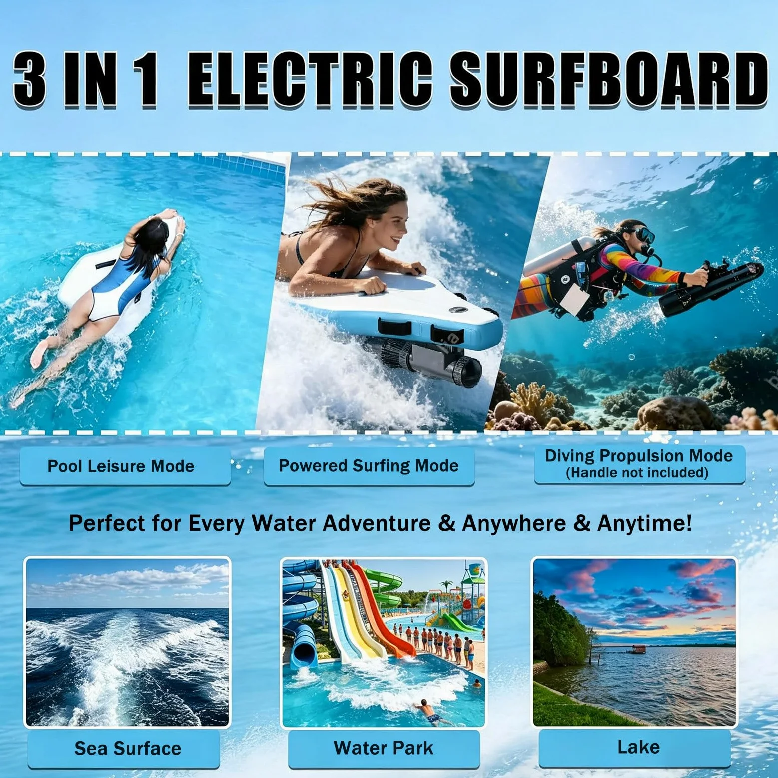 Tabla de Bodyboard Eléctrica e Inflable Portátil, Scooter Subacuático de 500 W 10000 mAh con Autonomía de 40-130 min, 10 Velocidades, 3-7 km/h, Esnórquel y Actividades Recreativas Acuáticas